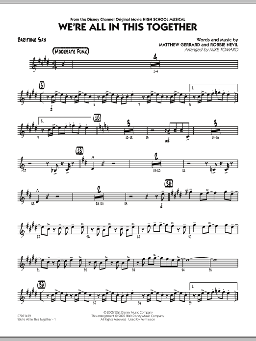 Mike Tomaro We're All In This Together (from High School Musical) - Baritone Sax sheet music notes and chords. Download Printable PDF.