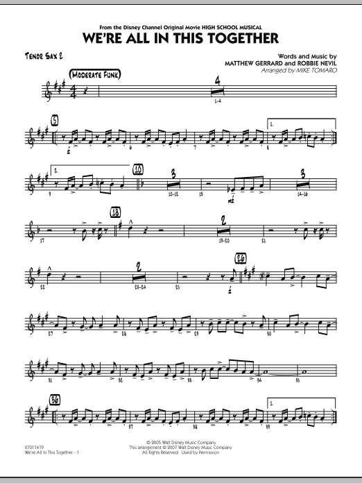 Mike Tomaro We're All In This Together (from High School Musical) - Tenor Sax 2 sheet music notes and chords. Download Printable PDF.