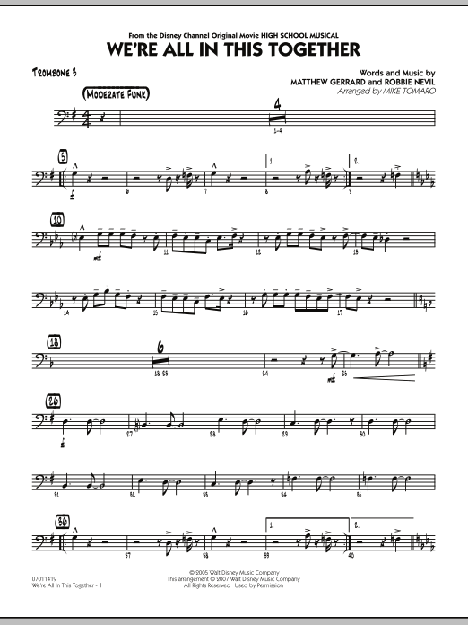 Mike Tomaro We're All In This Together (from High School Musical) - Trombone 3 sheet music notes and chords. Download Printable PDF.