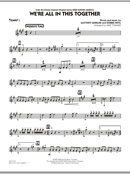 Mike Tomaro We're All In This Together (from High School Musical) - Trumpet 1 sheet music notes and chords. Download Printable PDF.