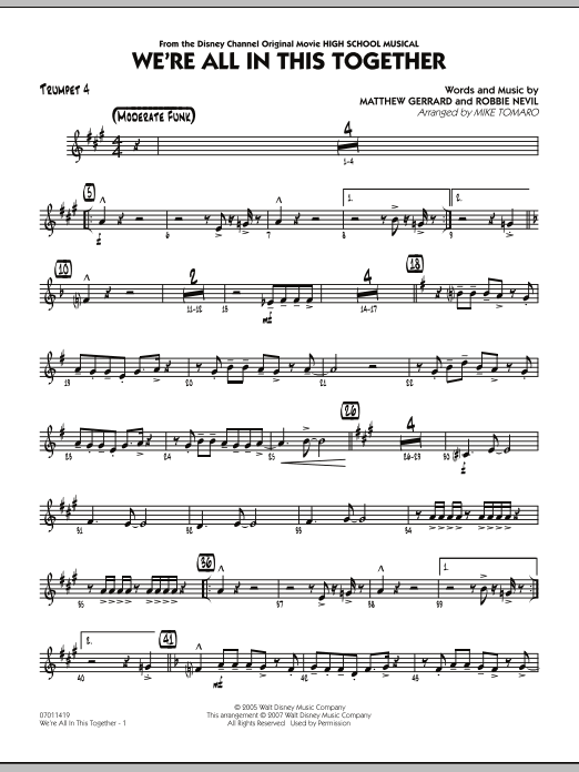 Mike Tomaro We're All In This Together (from High School Musical) - Trumpet 4 sheet music notes and chords. Download Printable PDF.