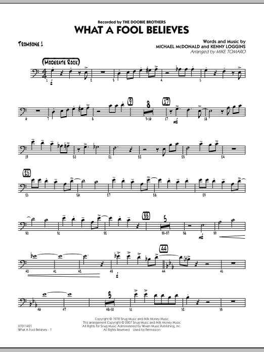 Mike Tomaro What A Fool Believes - Trombone 1 sheet music notes and chords. Download Printable PDF.