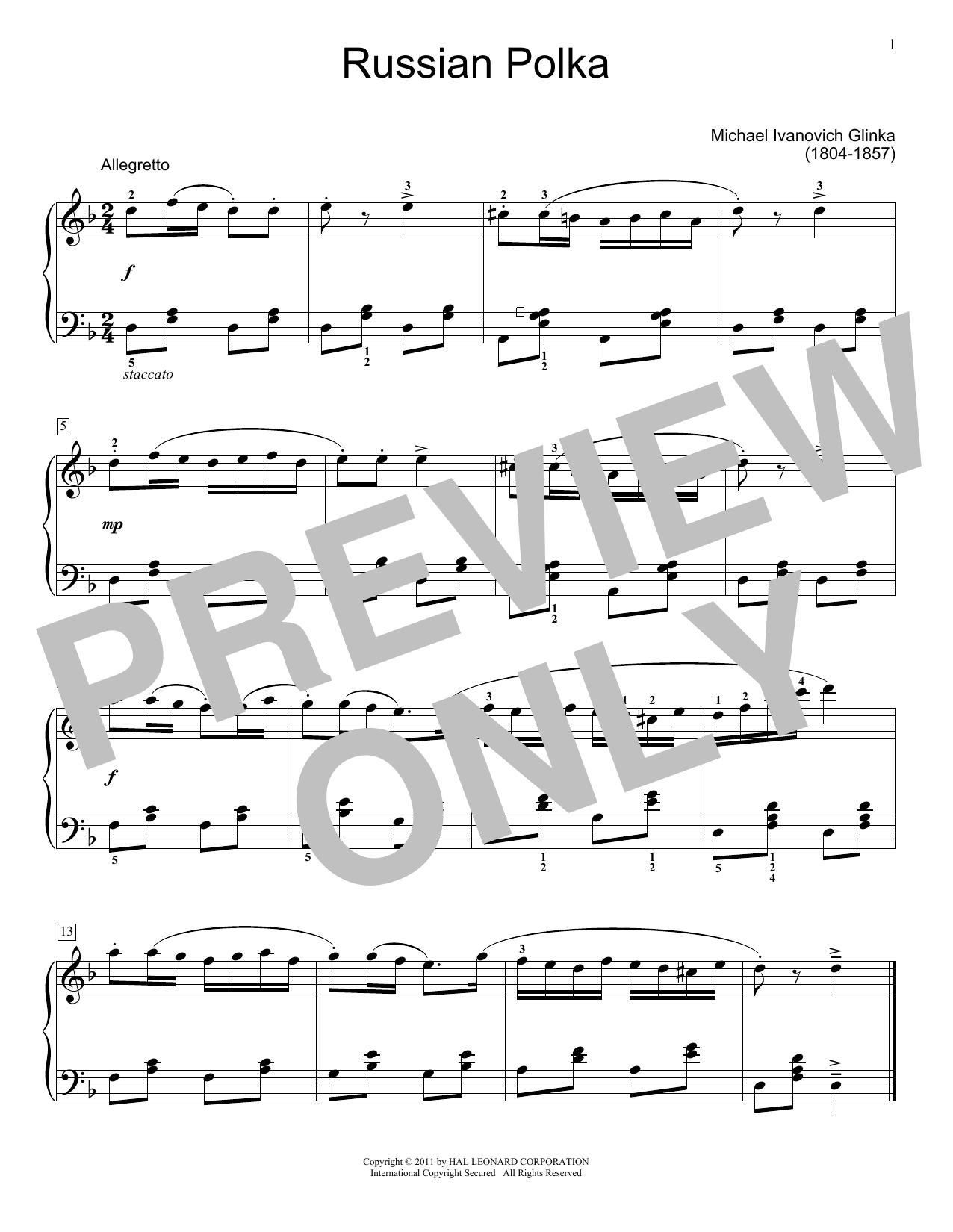 Mikhail Glinka Russian Polka sheet music notes and chords arranged for Beginner Piano