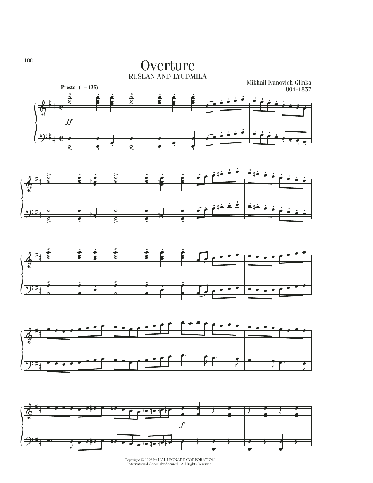Mikhail Ivanovich Glinka Overture sheet music notes and chords arranged for Piano Solo