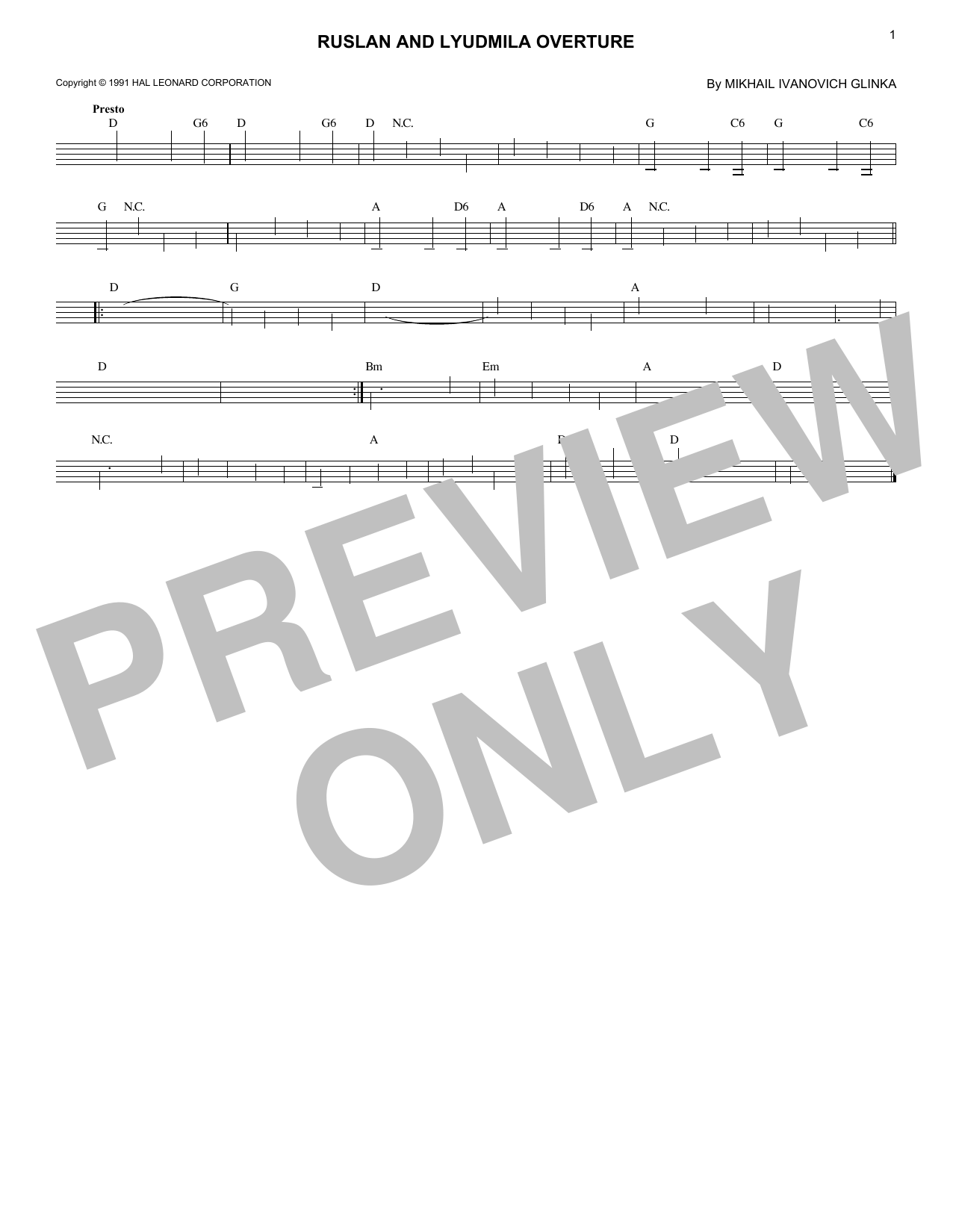 Mikhail Ivanovich Glinka Ruslan And Ludmilla sheet music notes and chords arranged for Lead Sheet / Fake Book