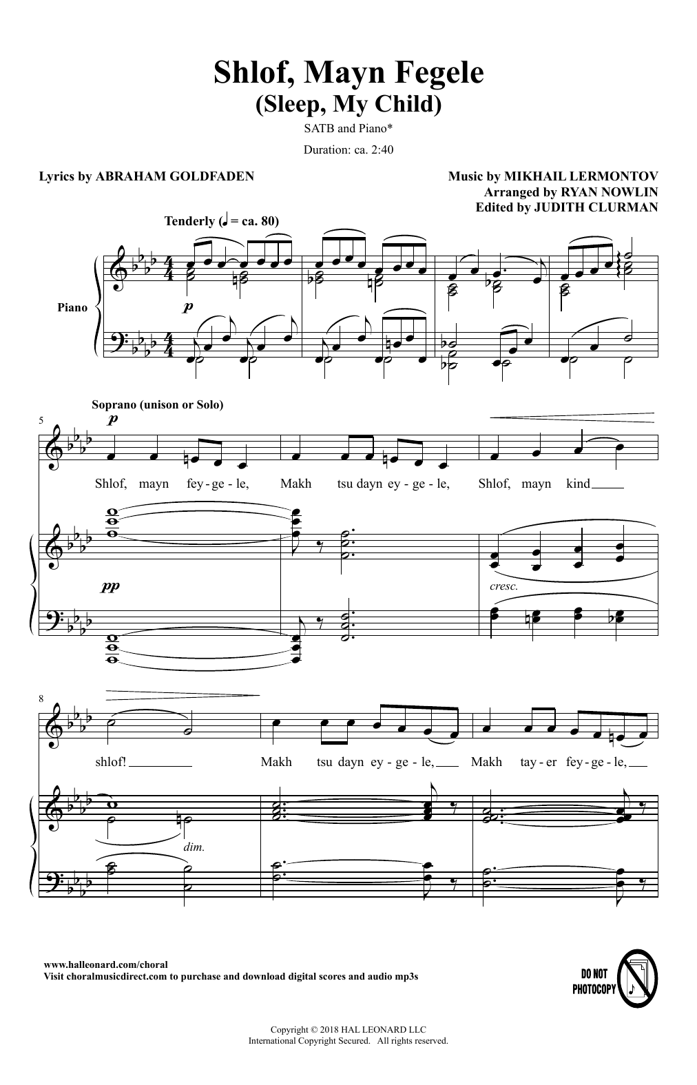 Mikhail Lermontov Shlof, Mayn Fegele (A Lullaby) (arr. Ryan Nowlin) sheet music notes and chords arranged for SATB Choir