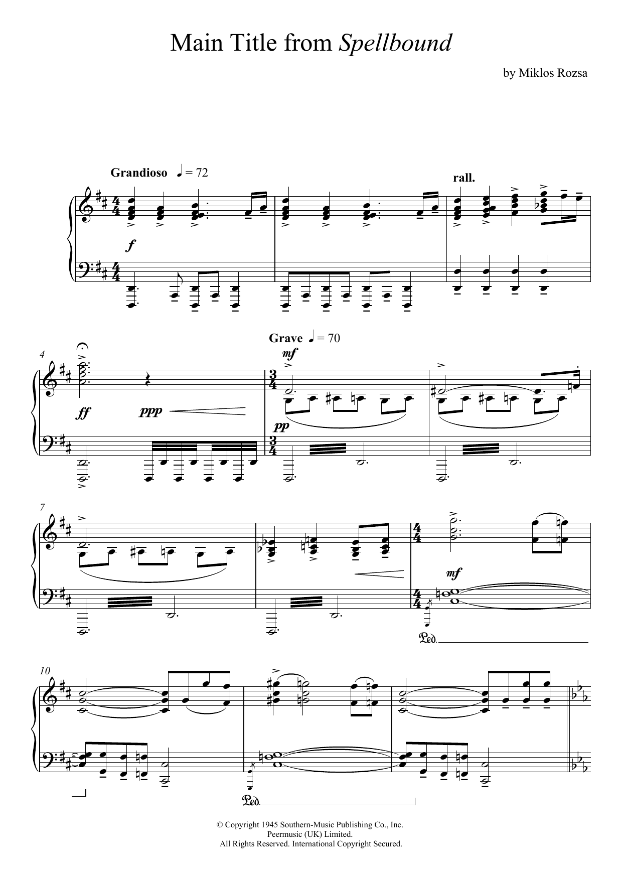 Miklos Rozsa Spellbound sheet music notes and chords arranged for Piano Solo