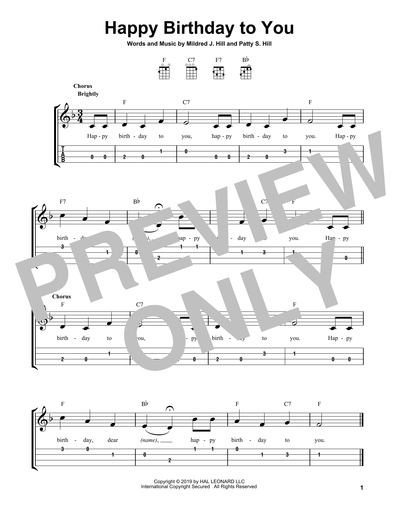 Mildred J. Hill & Patty S. Hill Happy Birthday To You sheet music notes and chords arranged for Easy Ukulele Tab