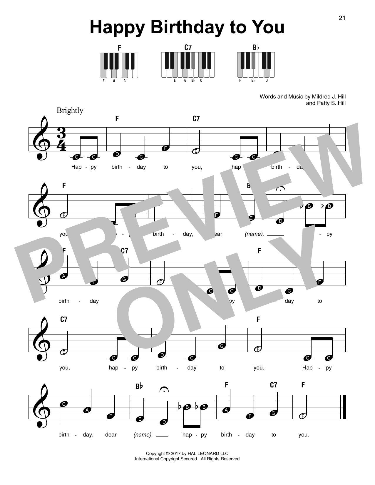 Mildred J. Hill Happy Birthday To You sheet music notes and chords arranged for Piano, Vocal & Guitar Chords (Right-Hand Melody)