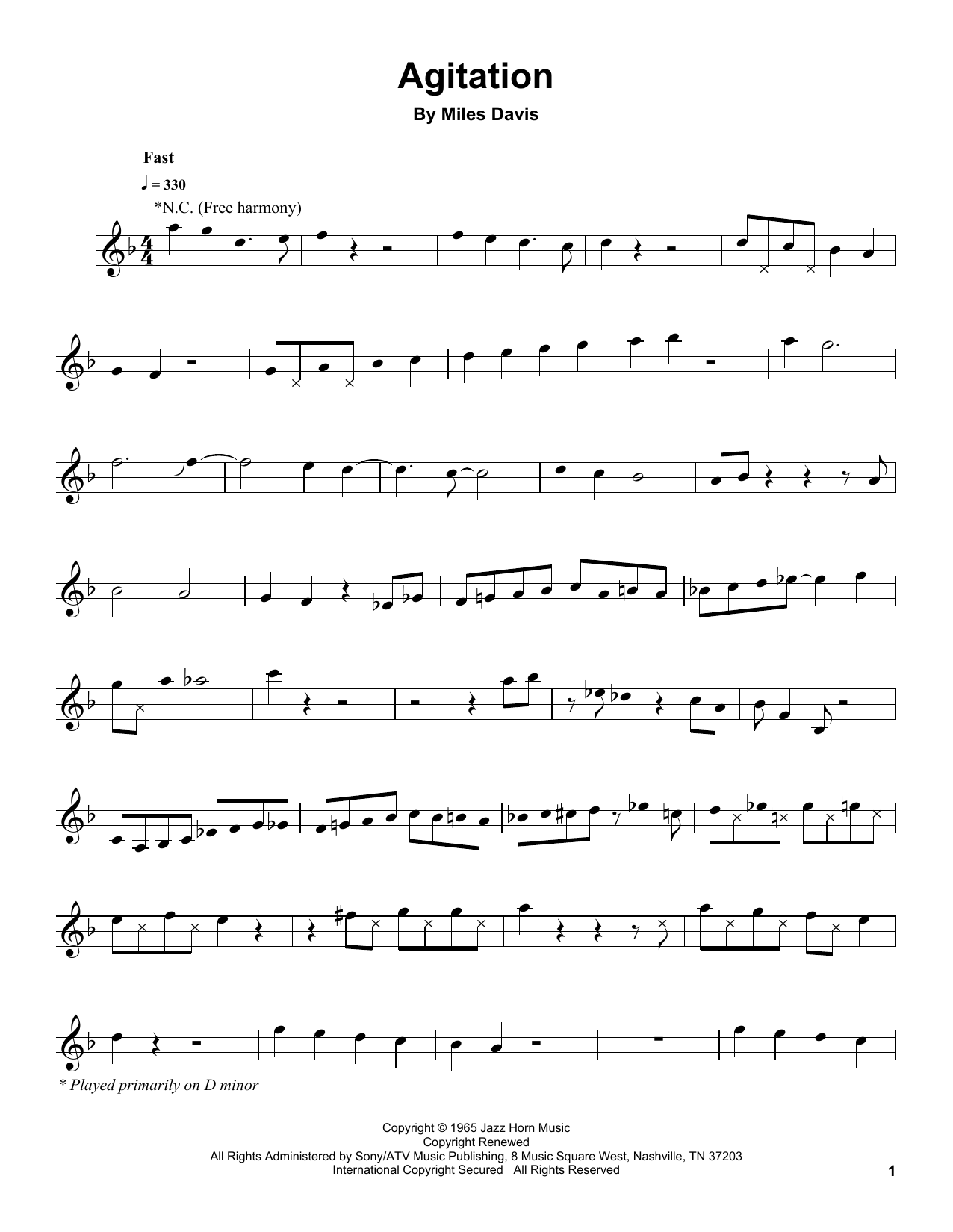 Miles Davis Agitation sheet music notes and chords arranged for Trumpet Transcription