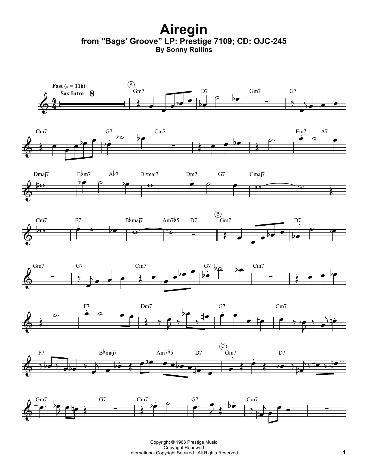 Miles Davis Airegin sheet music notes and chords arranged for Trumpet Transcription