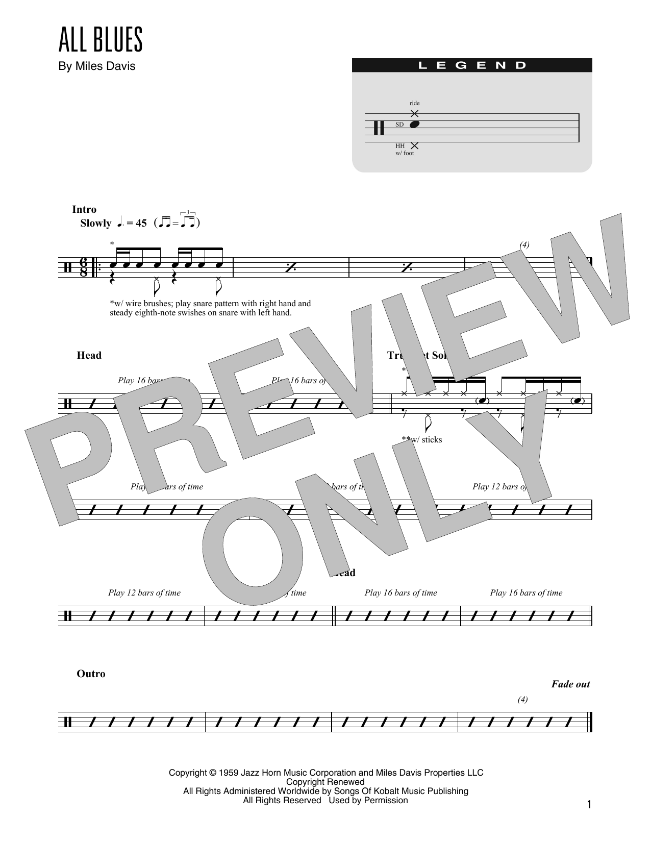 Miles Davis All Blues (arr. Kennan Wylie) sheet music notes and chords arranged for Drum Chart