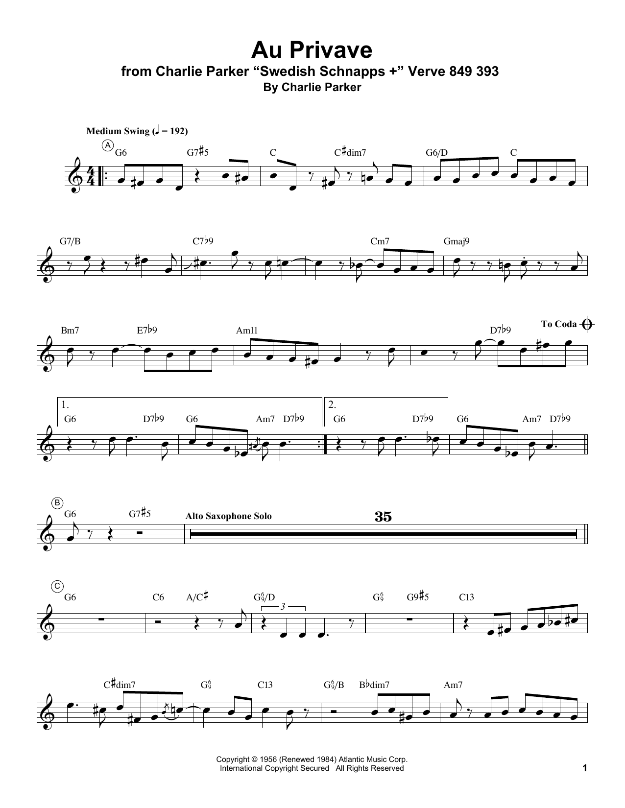 Miles Davis Au Privave sheet music notes and chords arranged for Trumpet Transcription