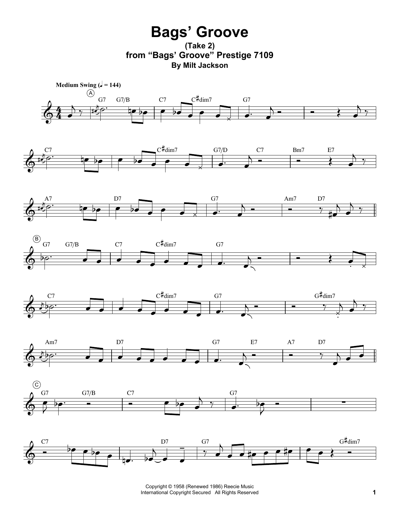 Miles Davis Bags' Groove (Take 2) sheet music notes and chords arranged for Electric Guitar Transcription