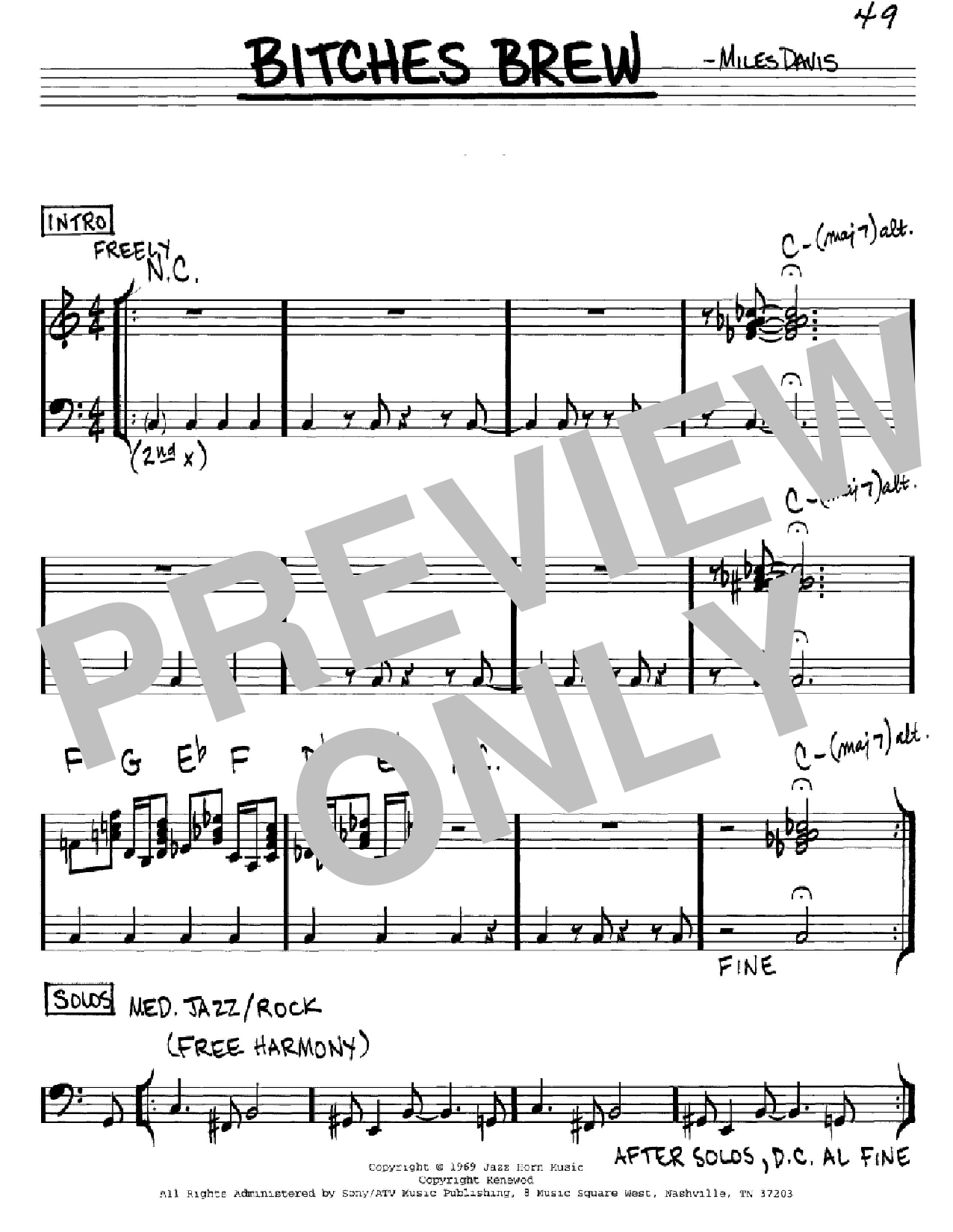 Miles Davis Bitches Brew sheet music notes and chords arranged for Trumpet Transcription