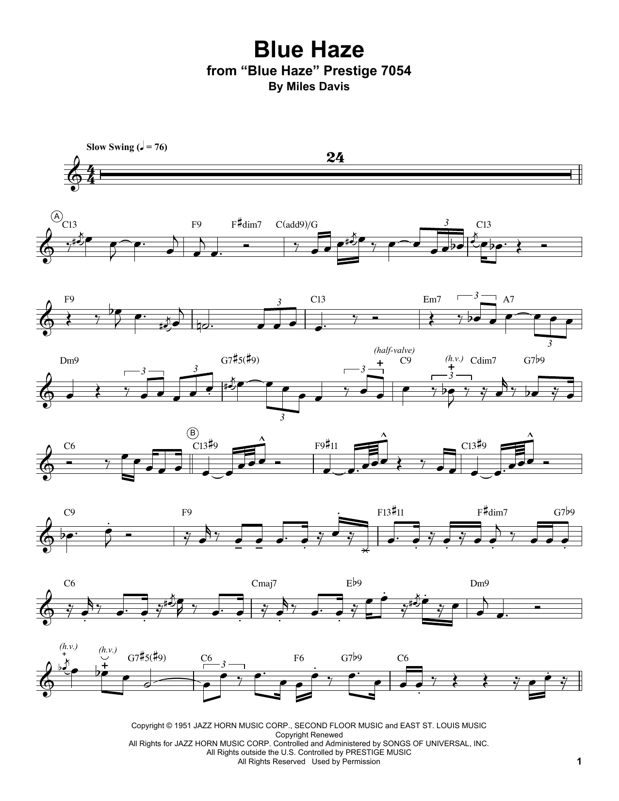Miles Davis Blue Haze sheet music notes and chords arranged for Trumpet Transcription