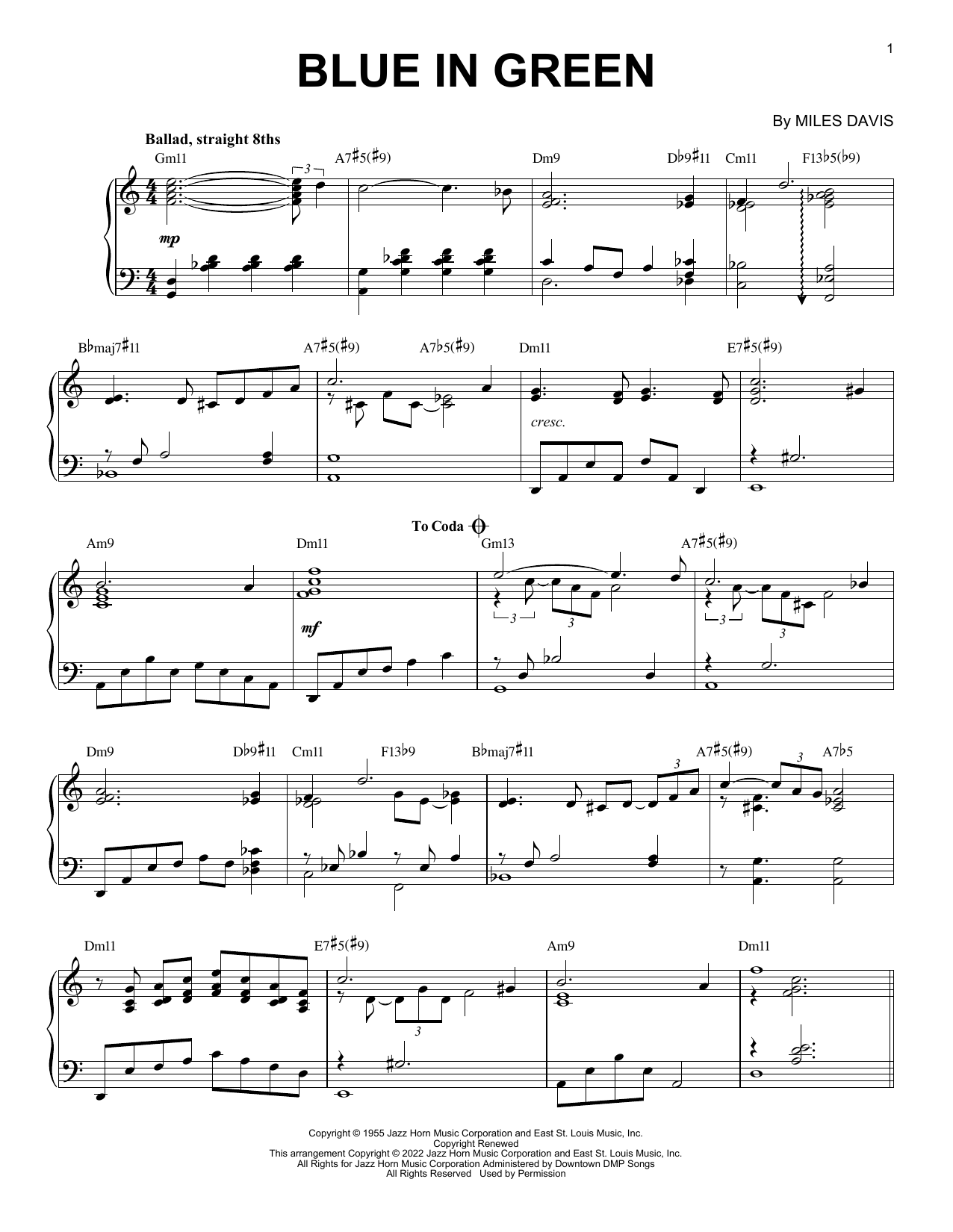 Miles Davis Blue In Green [Jazz version] (arr. Brent Edstrom) sheet music notes and chords arranged for Piano Solo