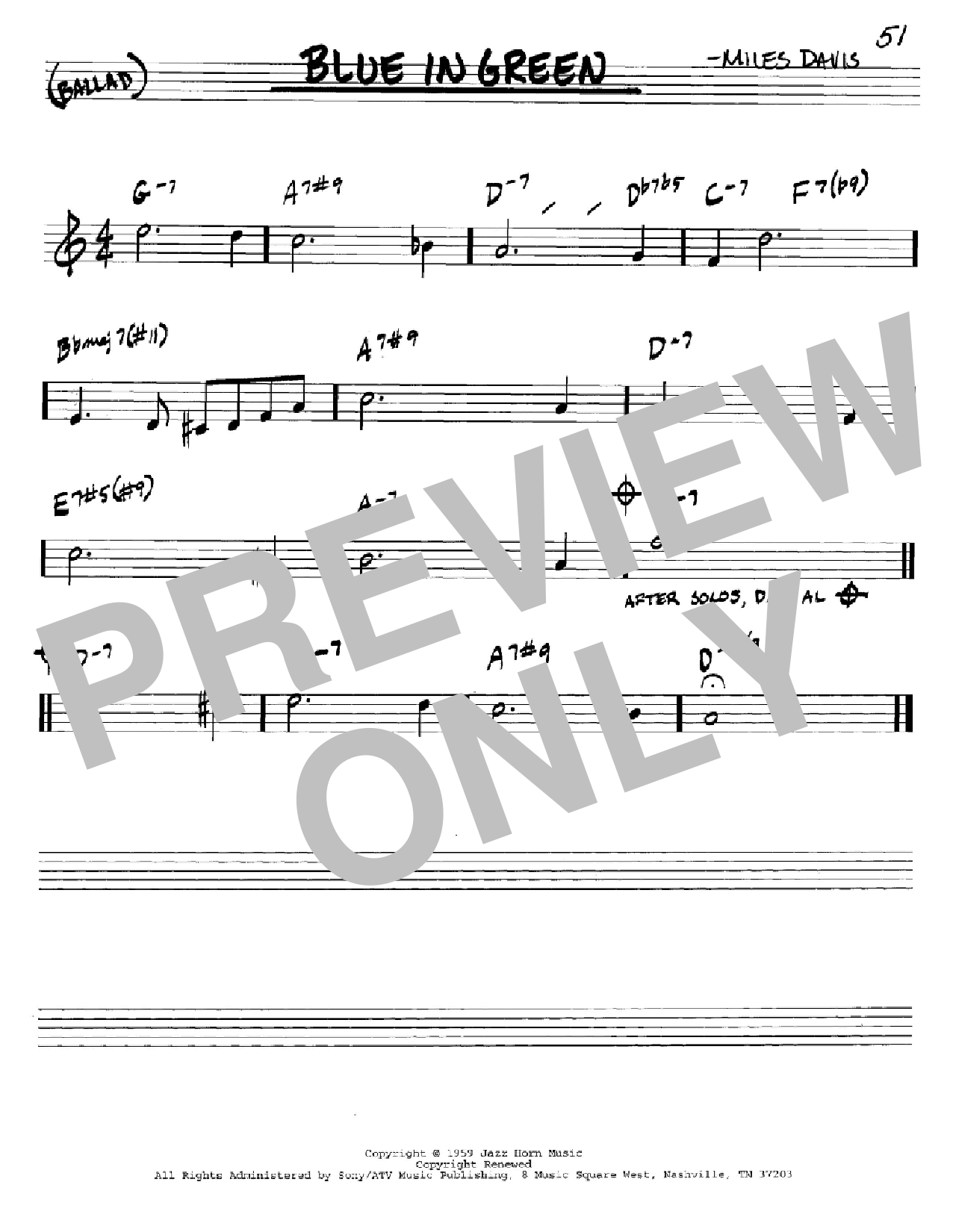 Miles Davis Blue In Green sheet music notes and chords arranged for Piano Solo