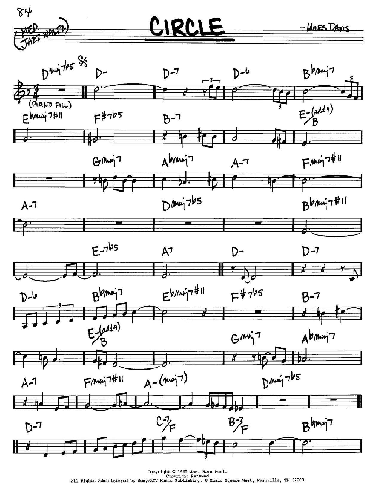 Miles Davis Circle sheet music notes and chords arranged for Piano Solo