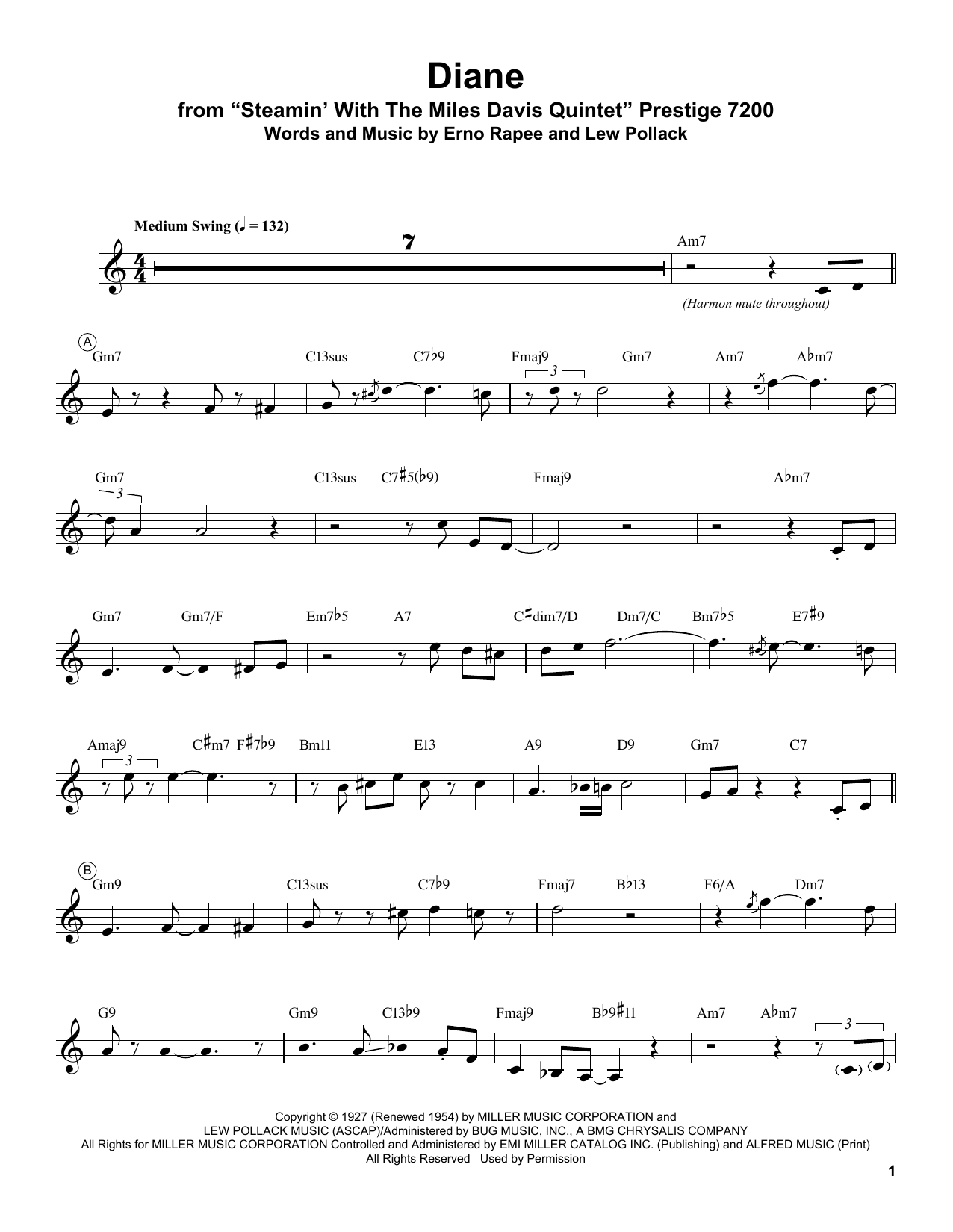 Miles Davis Diane sheet music notes and chords arranged for Trumpet Transcription