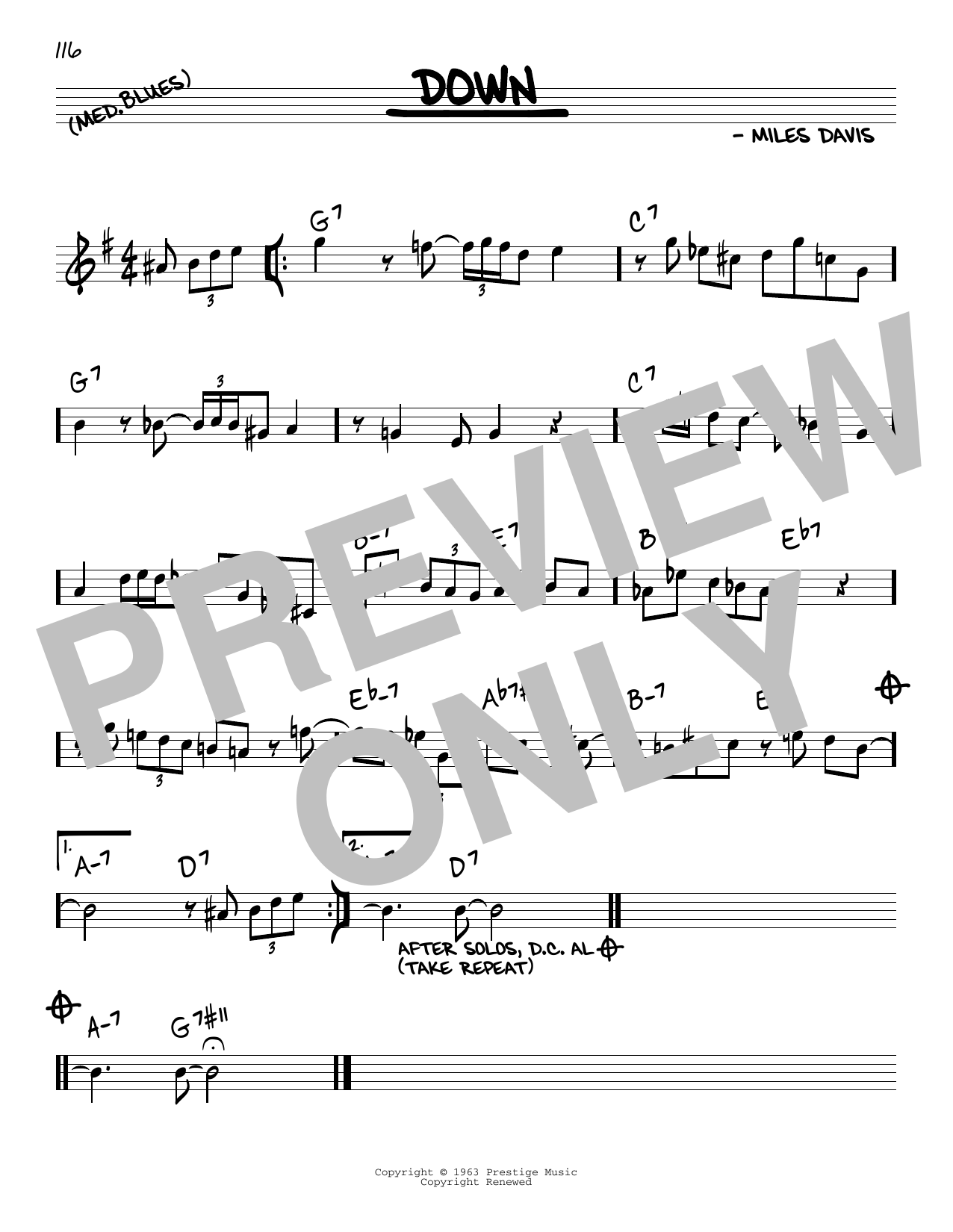 Miles Davis Down sheet music notes and chords arranged for Real Book – Melody & Chords