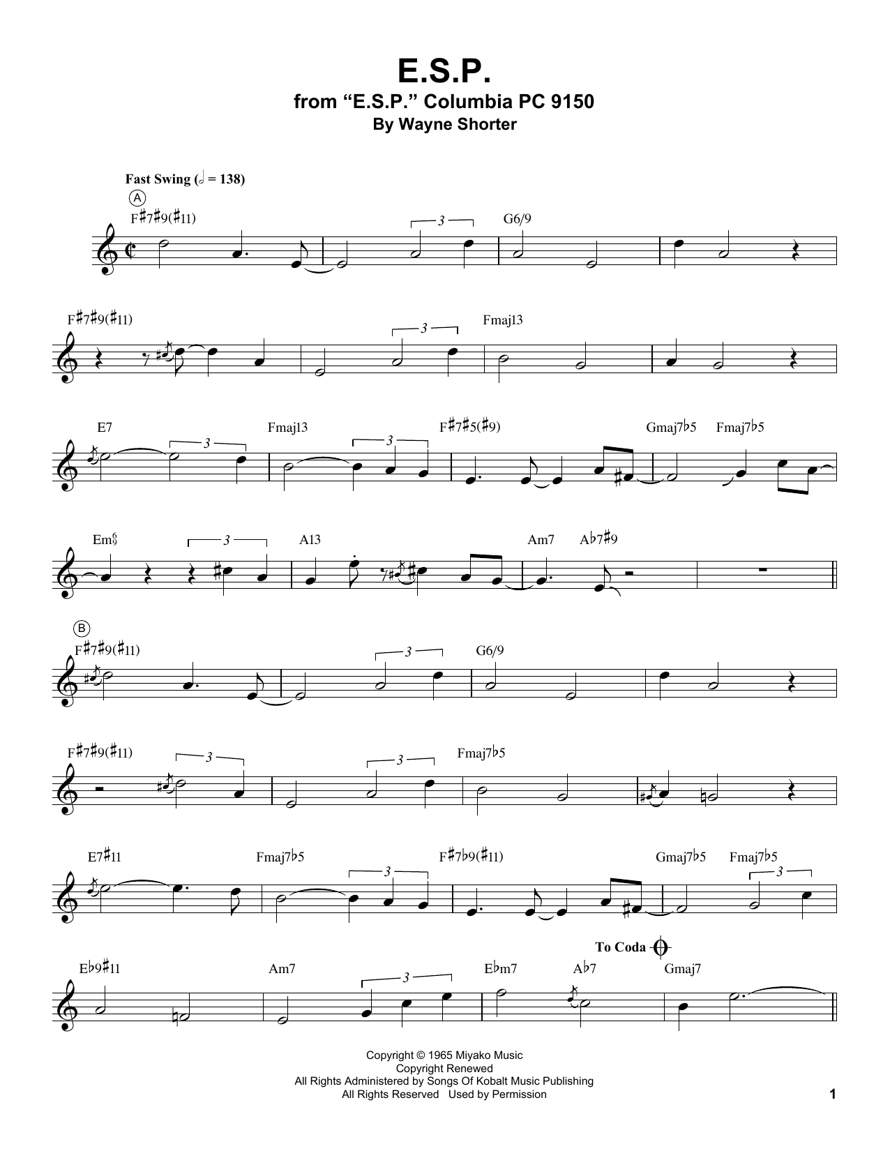 Miles Davis E.S.P. sheet music notes and chords arranged for Trumpet Transcription