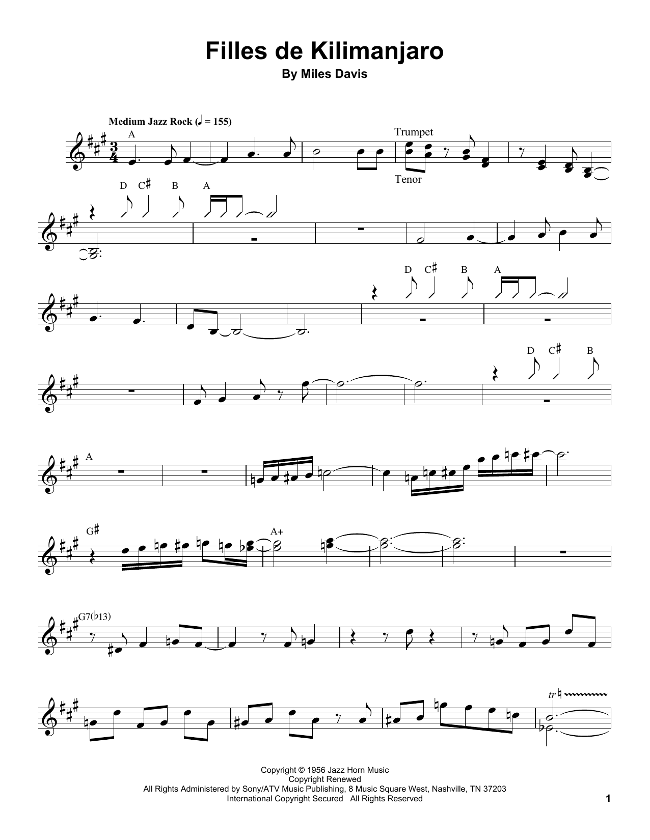 Miles Davis Filles De Kilimanjaro sheet music notes and chords arranged for Trumpet Transcription