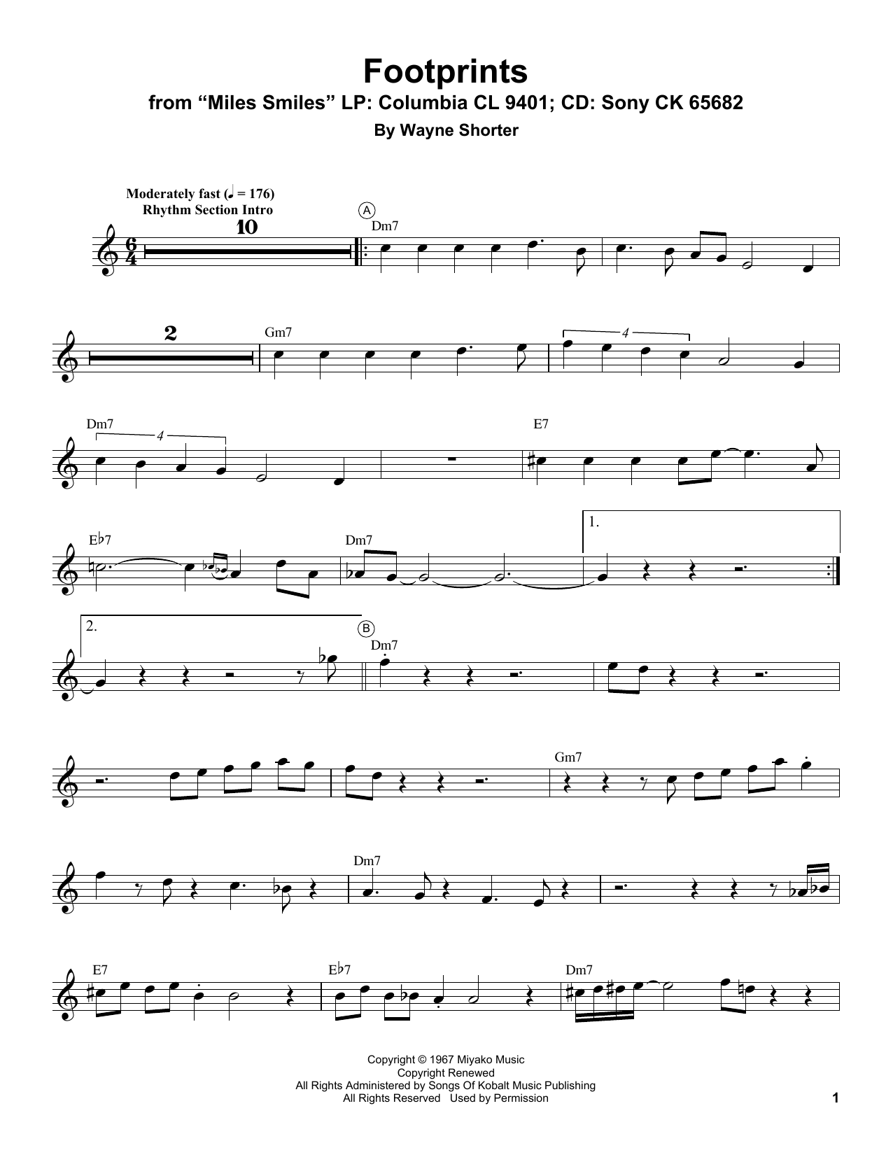 Miles Davis Footprints sheet music notes and chords arranged for Trumpet Transcription