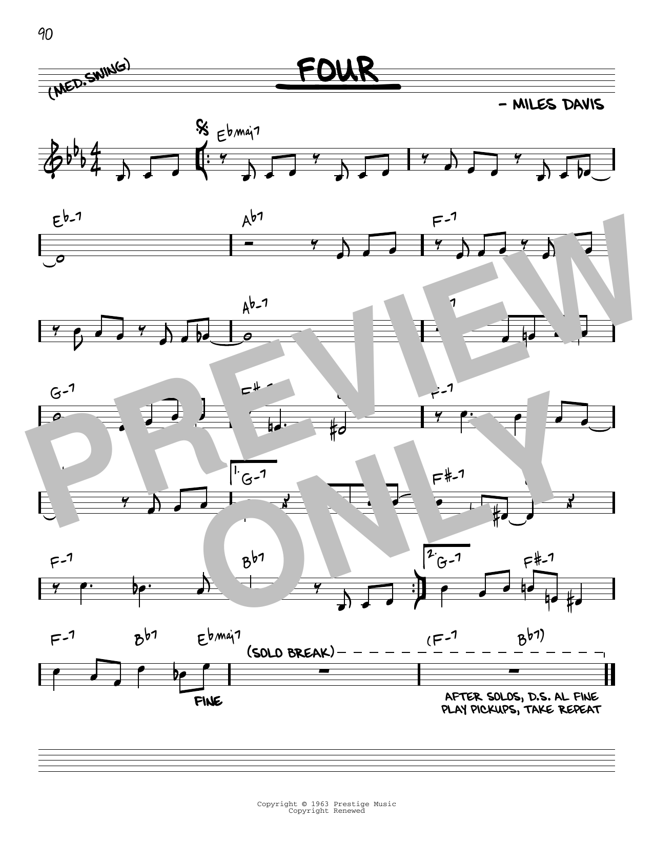 Miles Davis Four sheet music notes and chords arranged for Real Book – Melody & Chords – Eb Instruments