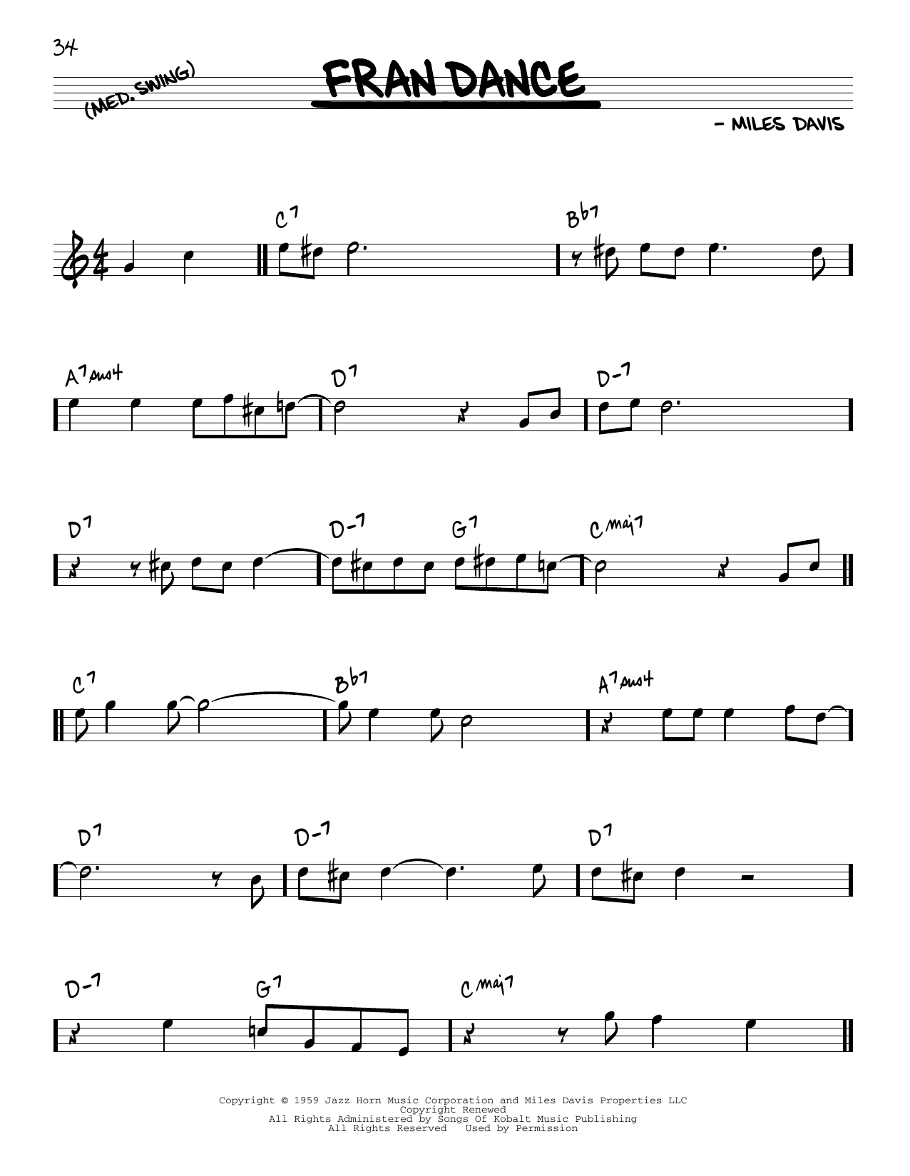 Miles Davis Fran Dance sheet music notes and chords arranged for Real Book – Melody & Chords