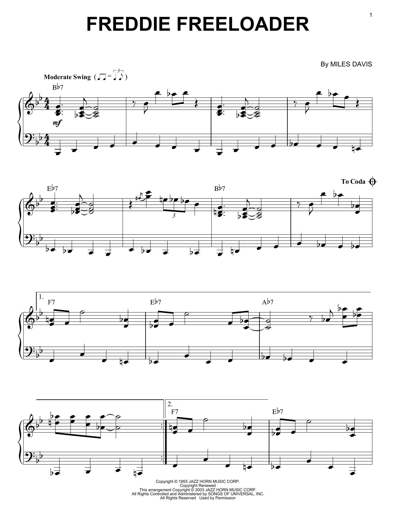 Miles Davis Freddie Freeloader sheet music notes and chords arranged for Trumpet Transcription