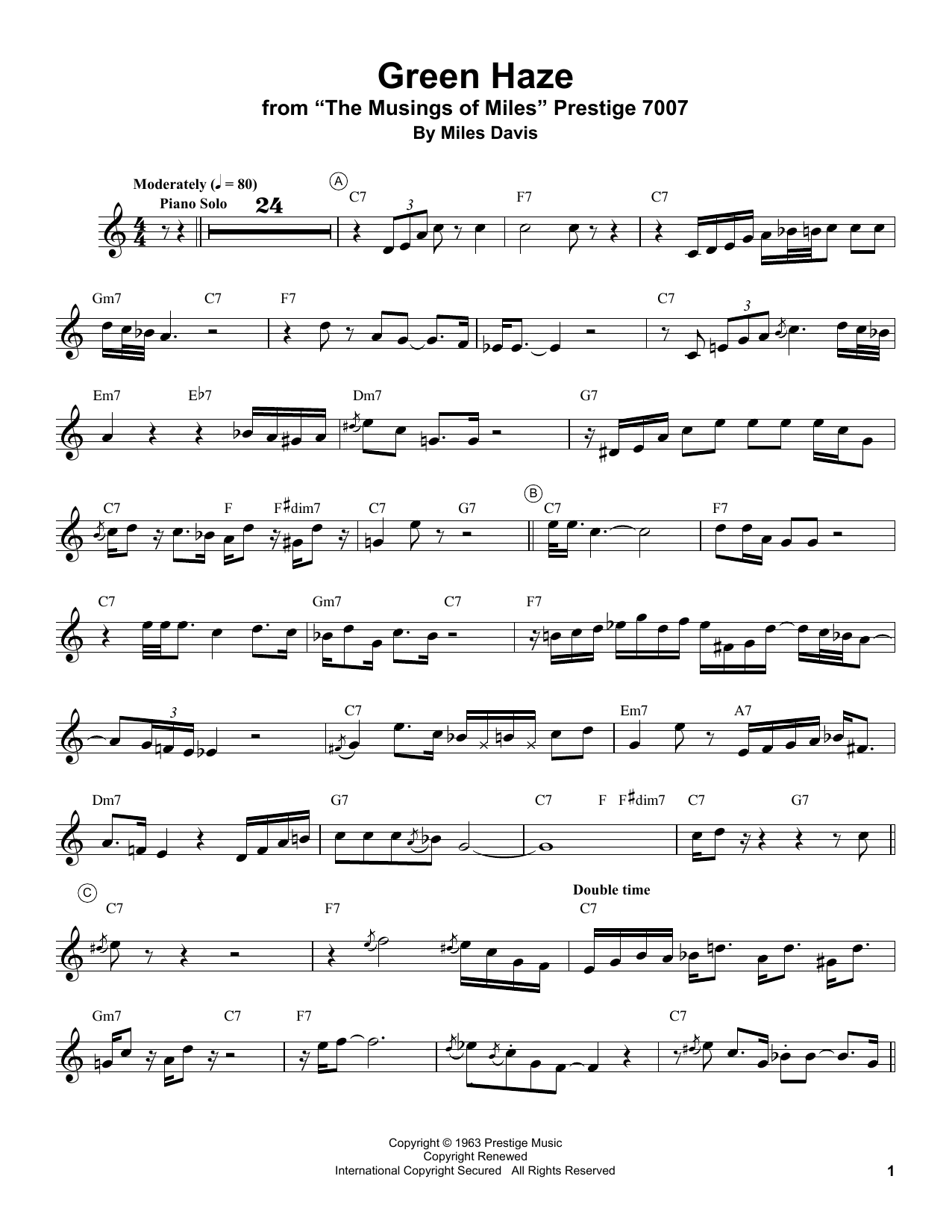 Miles Davis Green Haze sheet music notes and chords arranged for Trumpet Transcription