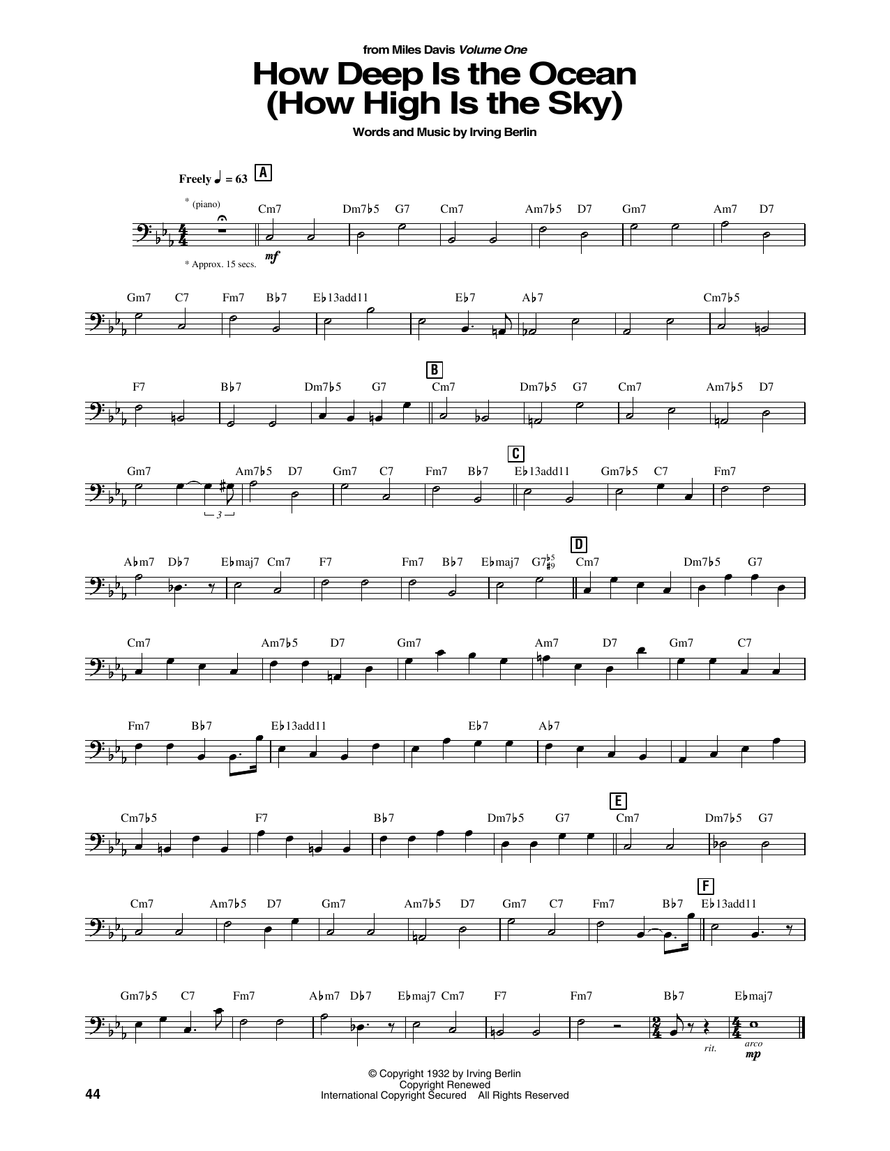 Miles Davis How Deep Is The Ocean (How High Is The Sky) sheet music notes and chords arranged for String Bass Transcription