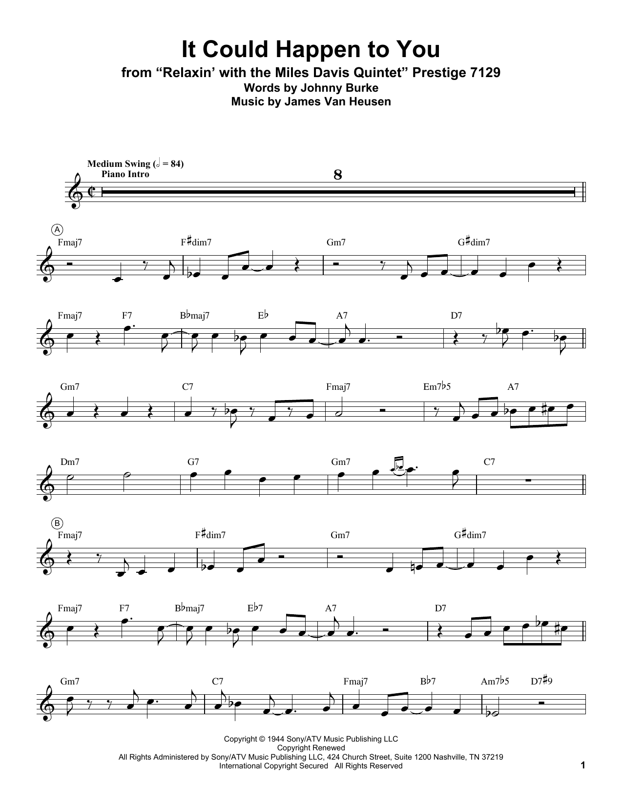 Miles Davis It Could Happen To You sheet music notes and chords arranged for Trumpet Transcription