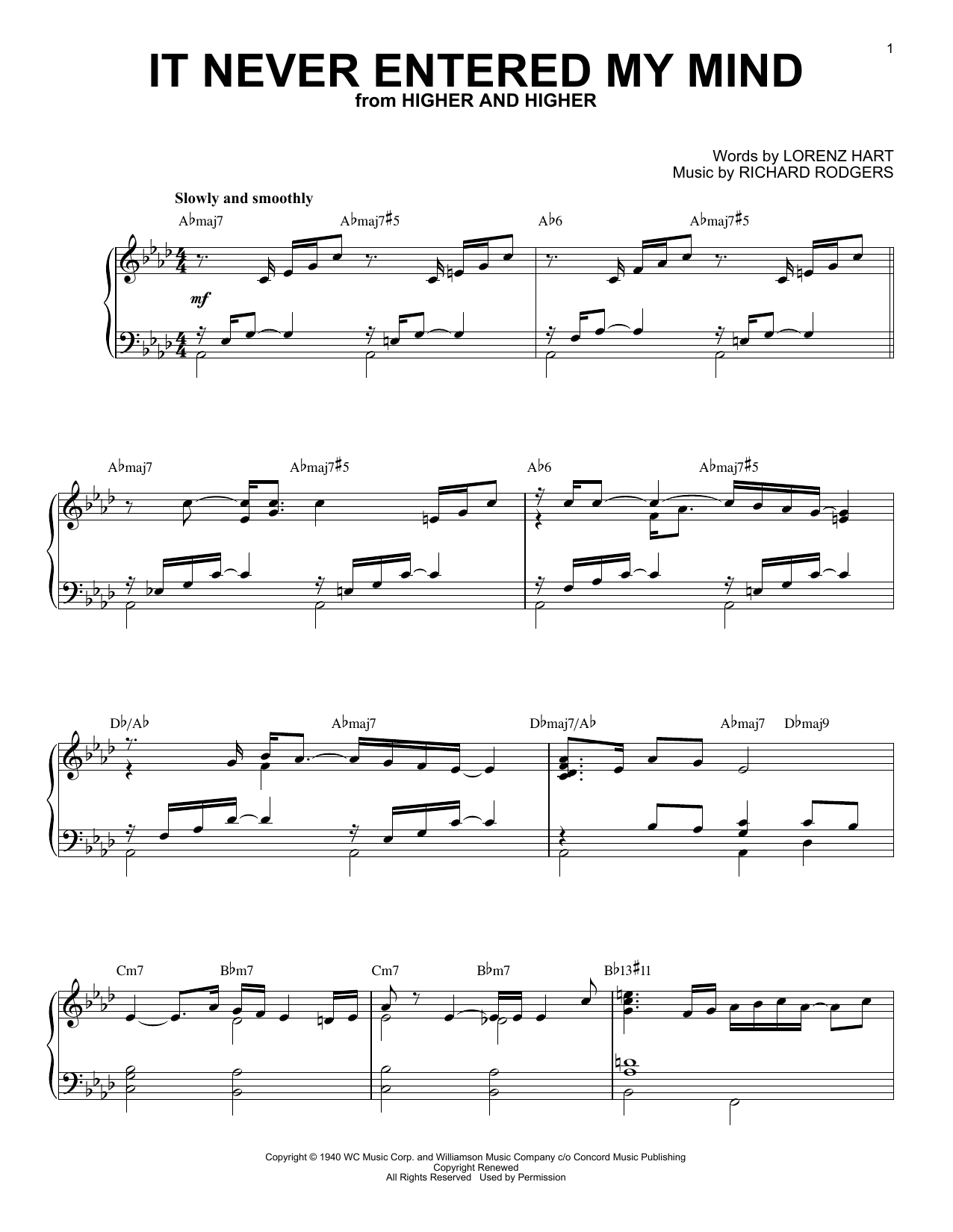 Miles Davis It Never Entered My Mind (from Runaway Bride) sheet music notes and chords arranged for Piano Solo