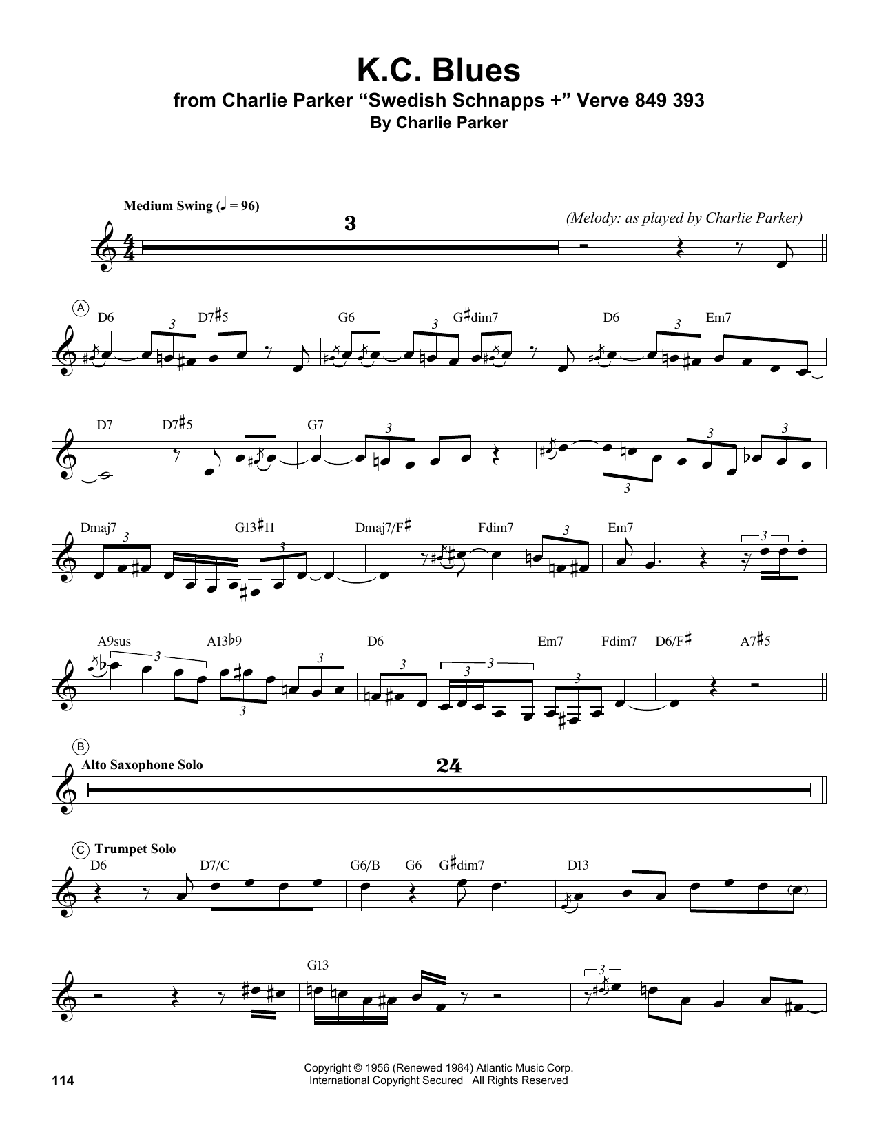 Miles Davis K.C. Blues sheet music notes and chords arranged for Trumpet Transcription
