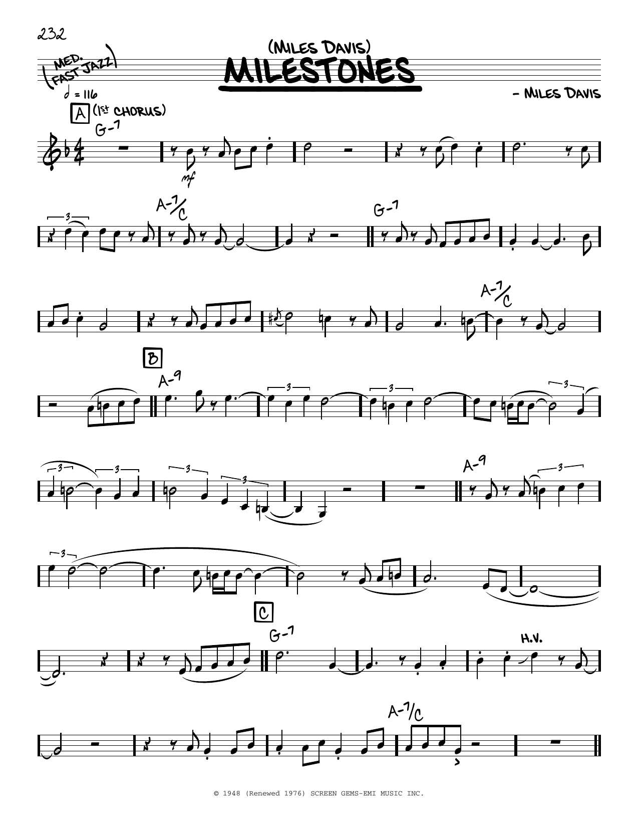 Miles Davis Milestones (solo only) sheet music notes and chords arranged for Real Book – Melody & Chords