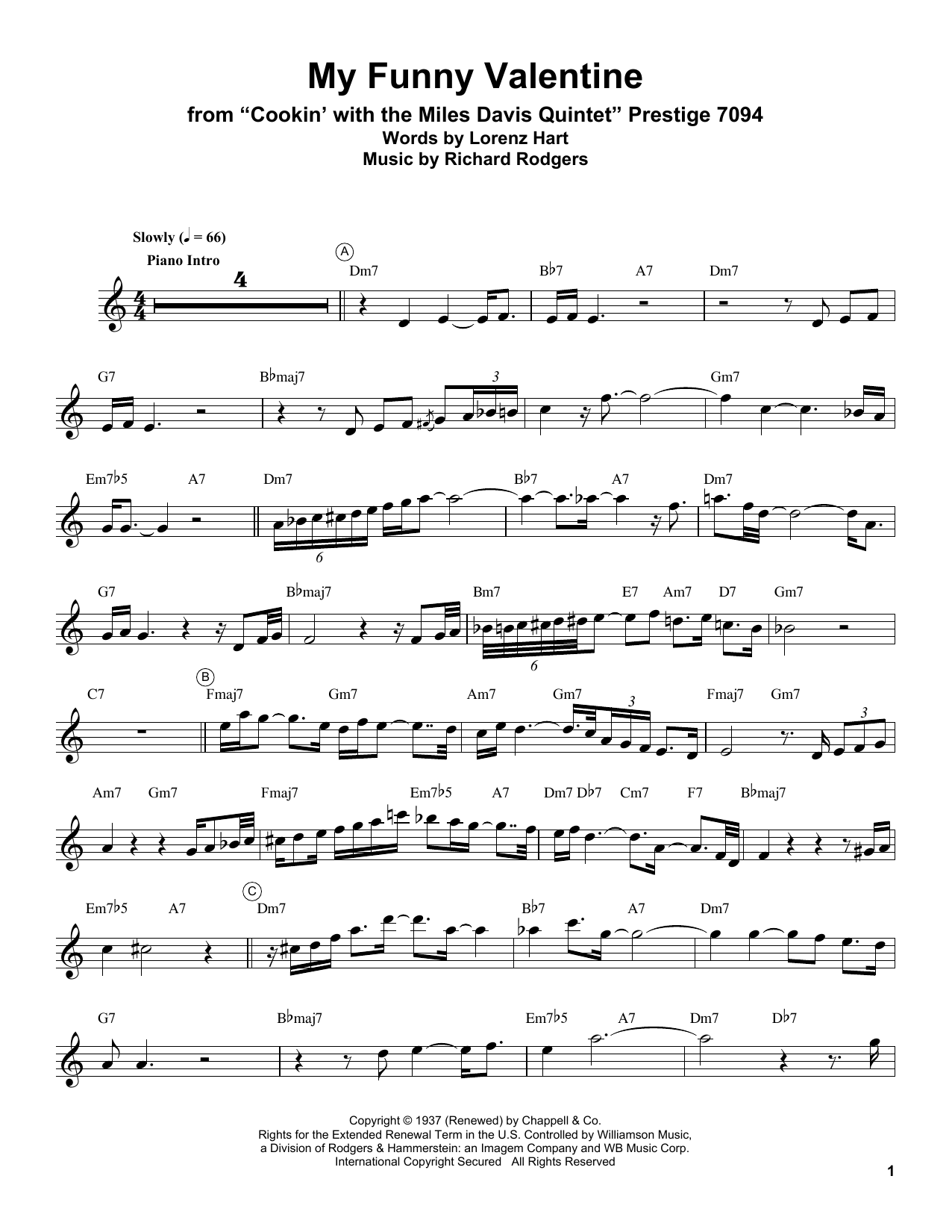 Miles Davis My Funny Valentine sheet music notes and chords arranged for Trumpet Transcription