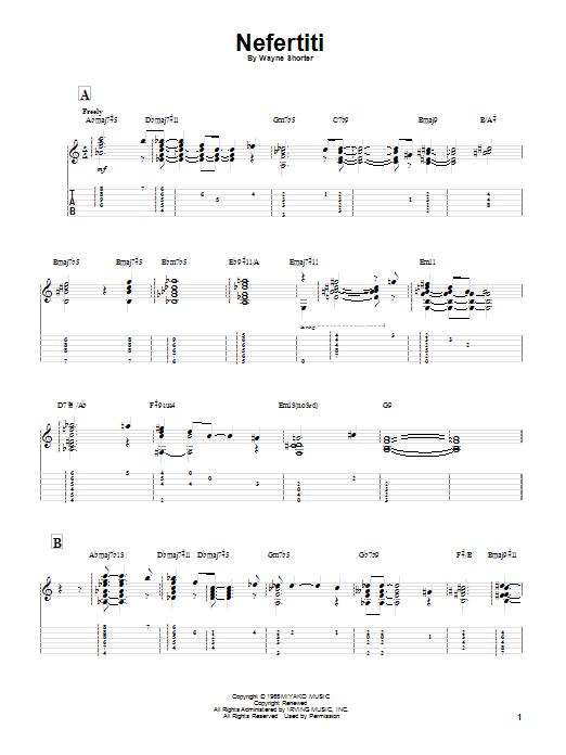 Miles Davis Nefertiti sheet music notes and chords arranged for Solo Guitar