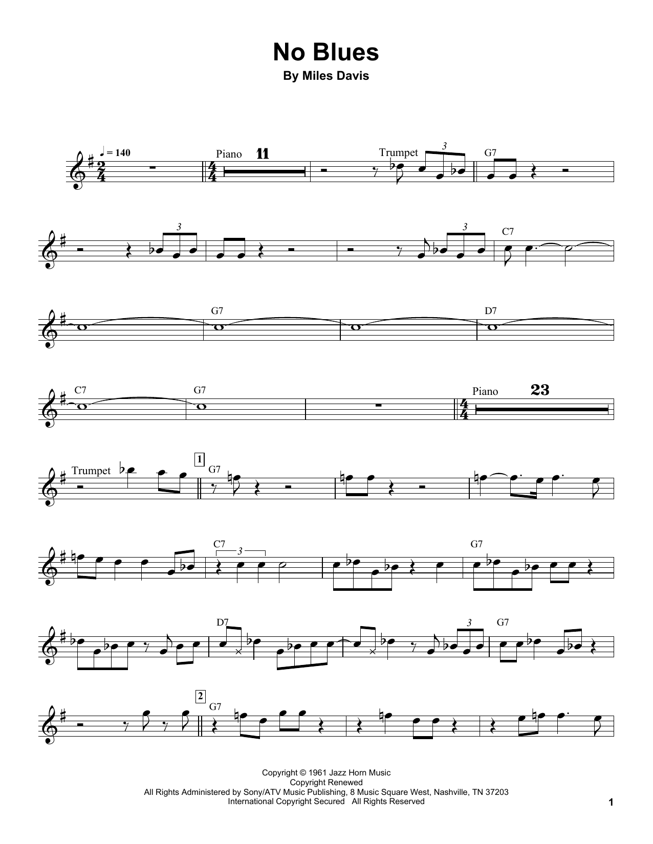 Miles Davis No Blues sheet music notes and chords arranged for Trumpet Transcription