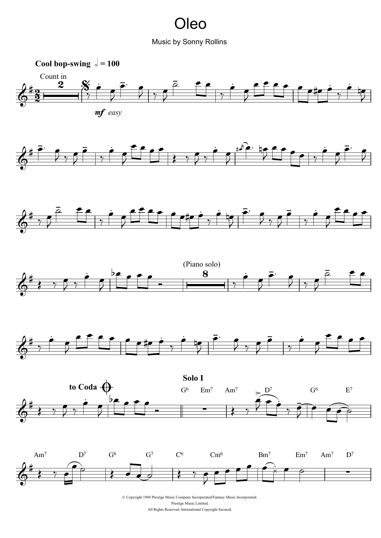 Miles Davis Oleo sheet music notes and chords arranged for Alto Sax Solo