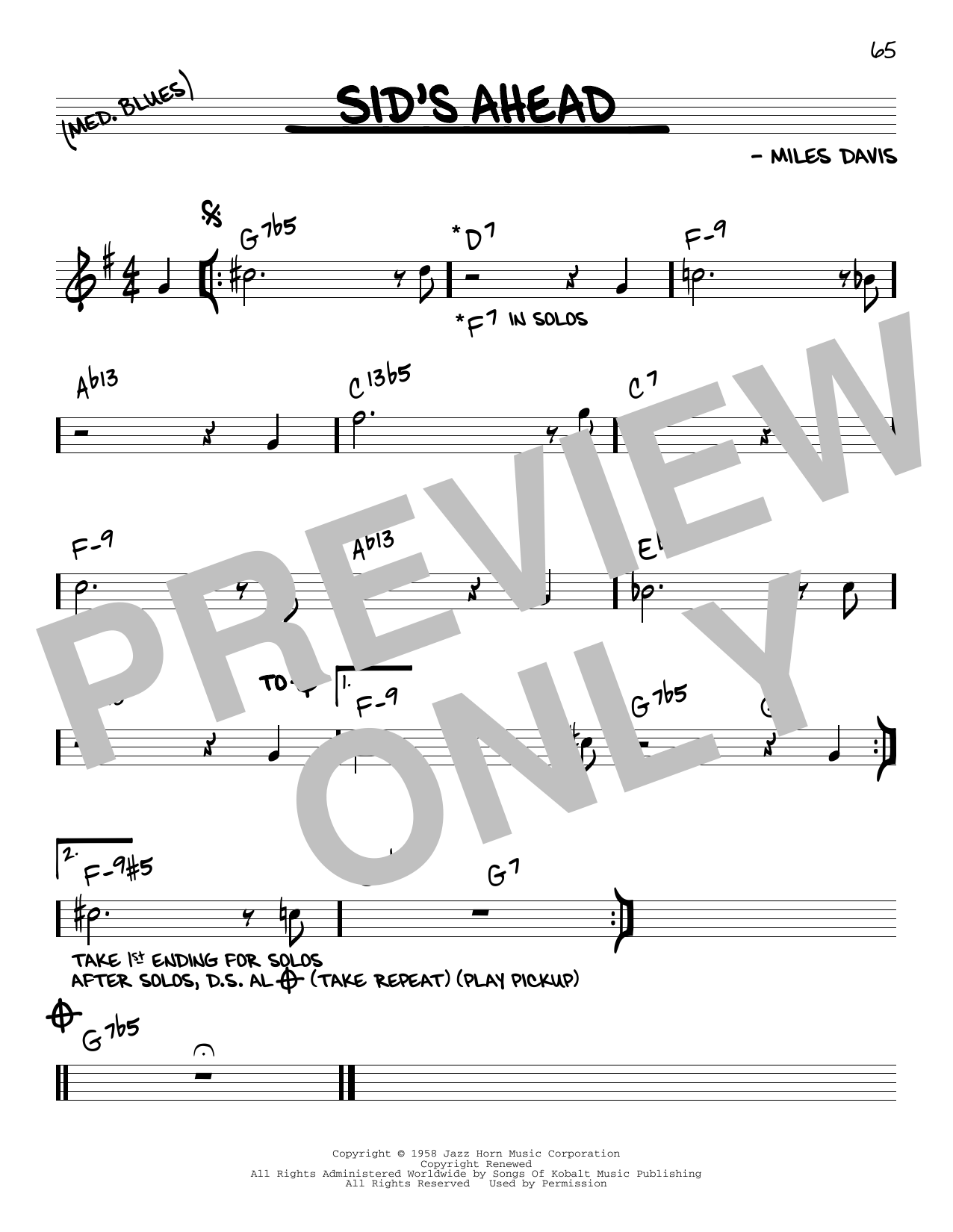 Miles Davis Sid's Ahead sheet music notes and chords arranged for Real Book – Melody & Chords