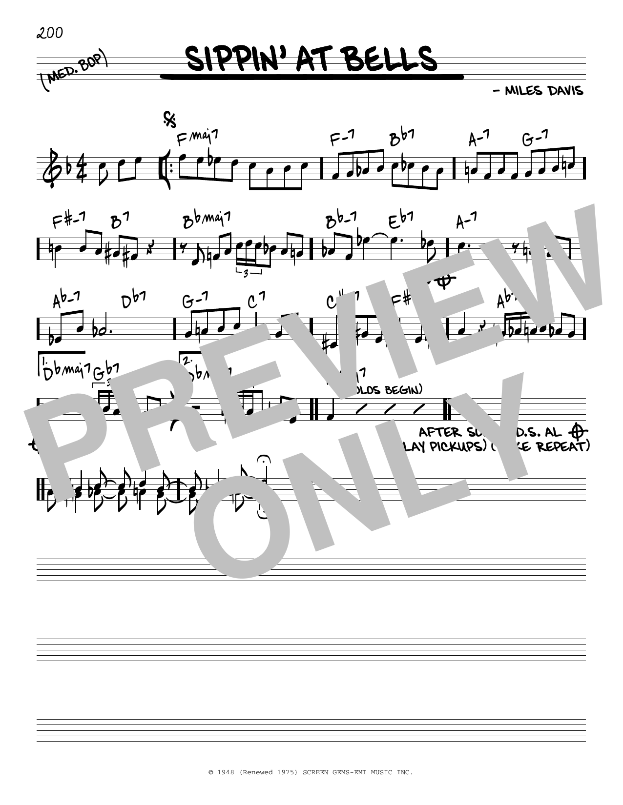 Miles Davis Sippin' At Bells sheet music notes and chords arranged for Trumpet Transcription