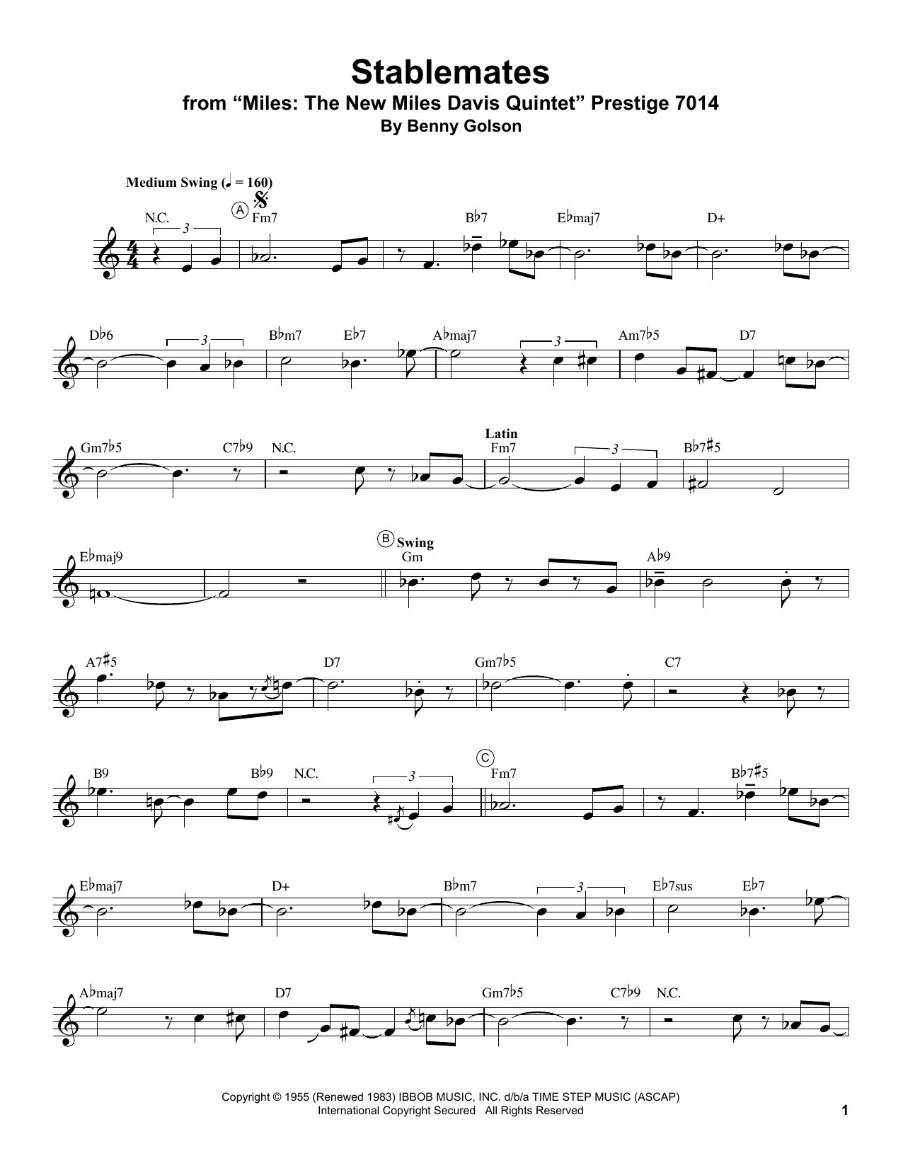 Miles Davis Stablemates sheet music notes and chords arranged for Trumpet Transcription