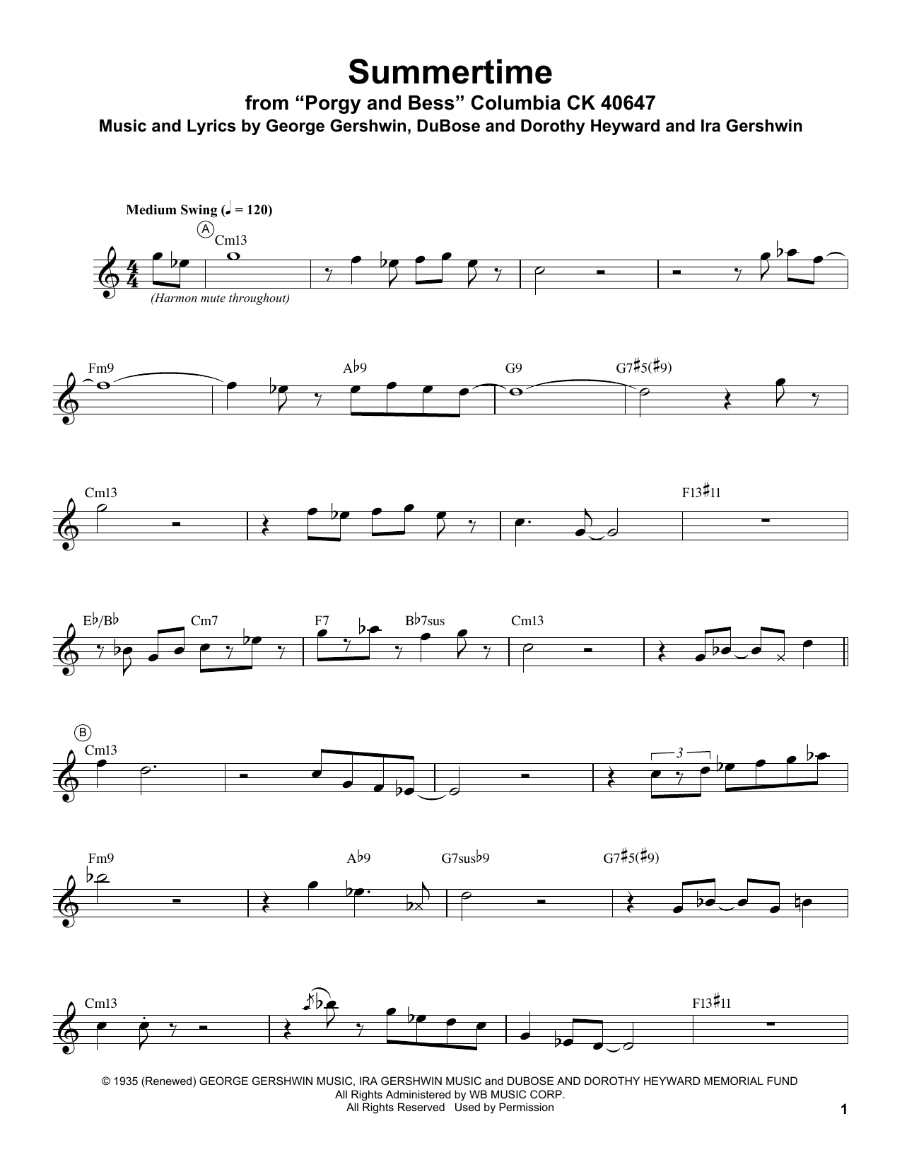Miles Davis Summertime sheet music notes and chords arranged for Trumpet Transcription