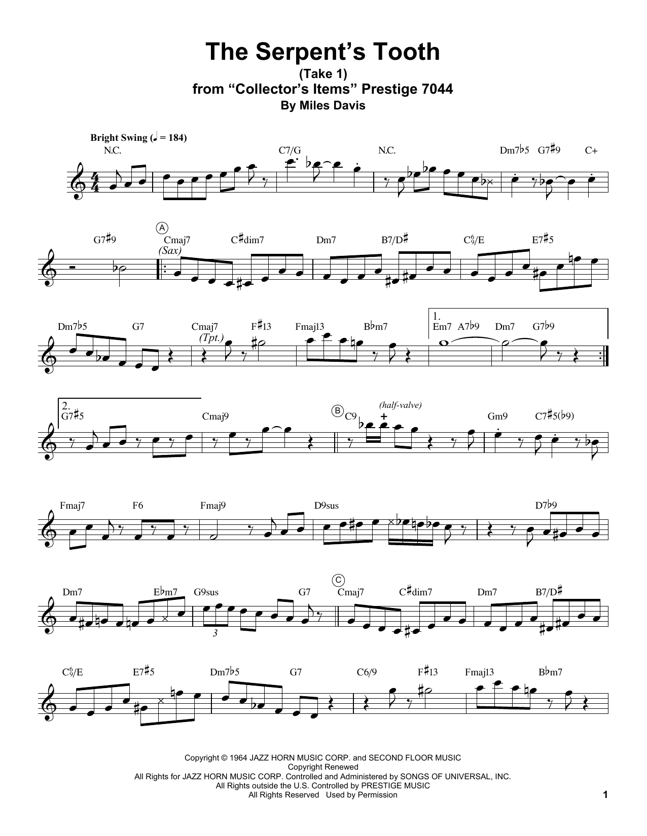 Miles Davis The Serpent's Tooth sheet music notes and chords arranged for Real Book – Melody & Chords