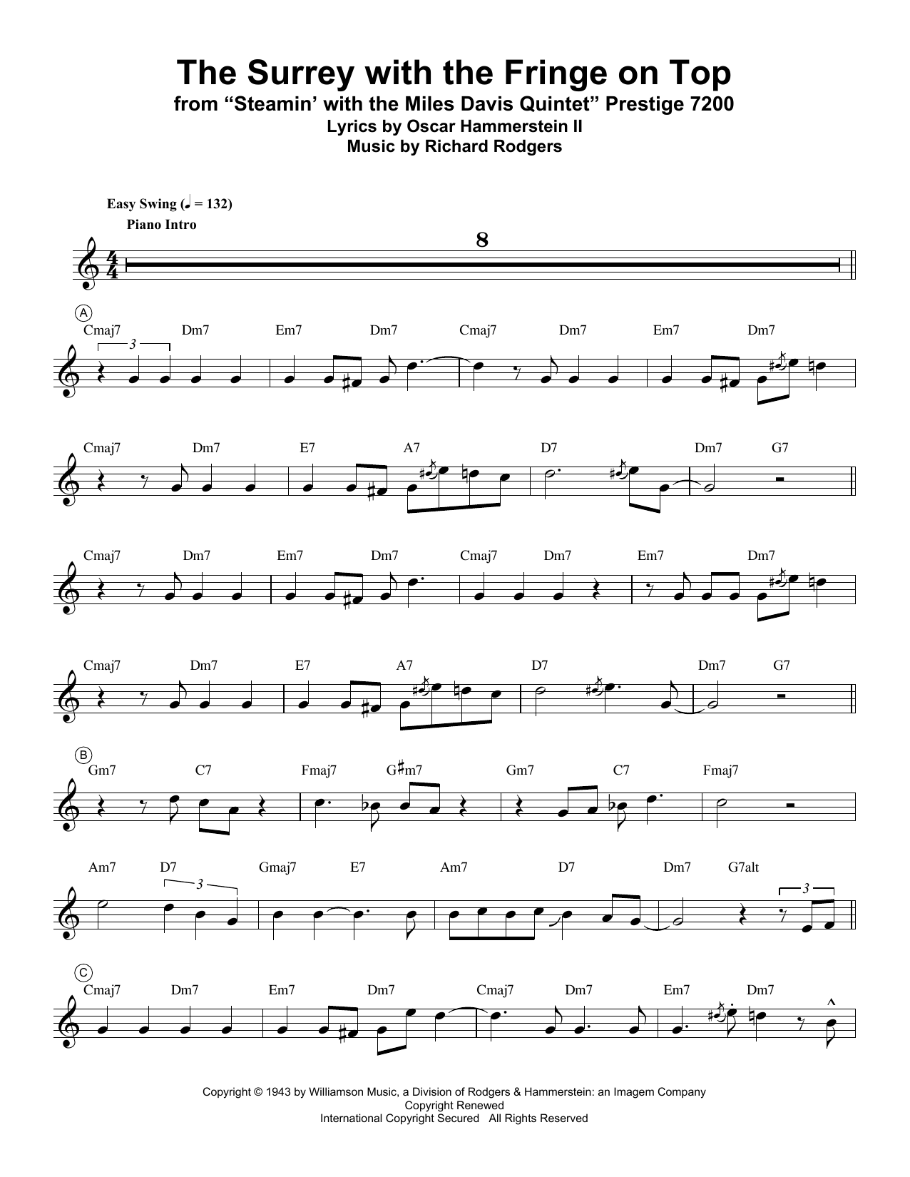 Miles Davis The Surrey With The Fringe On Top (from Oklahoma!) sheet music notes and chords arranged for Trumpet Transcription