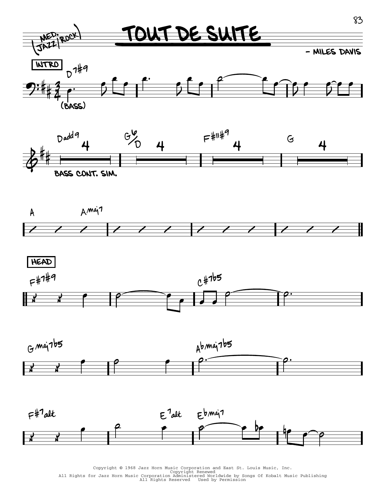 Miles Davis Tout De Suite sheet music notes and chords arranged for Real Book – Melody & Chords