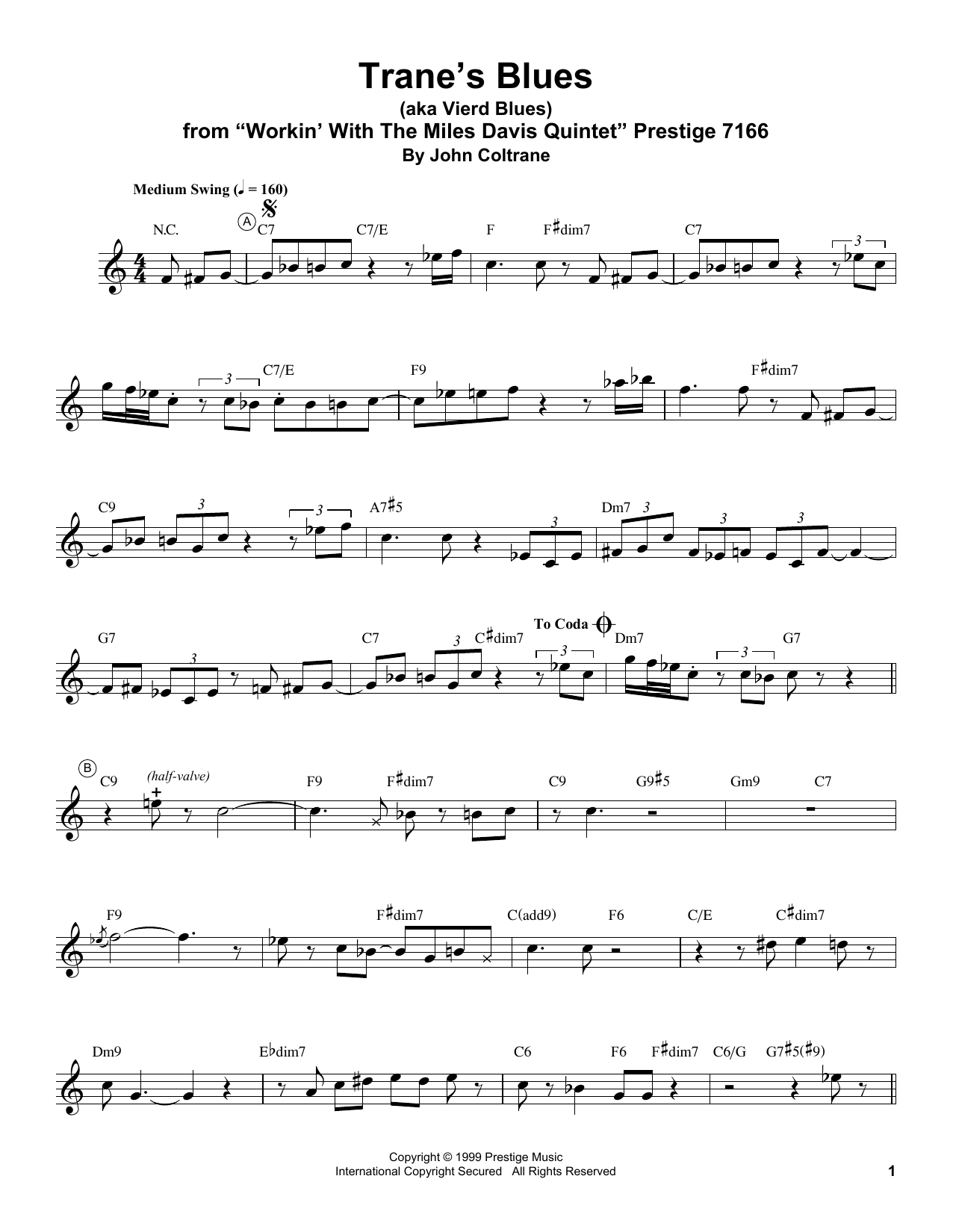 Miles Davis Trane's Blues sheet music notes and chords arranged for Trumpet Transcription