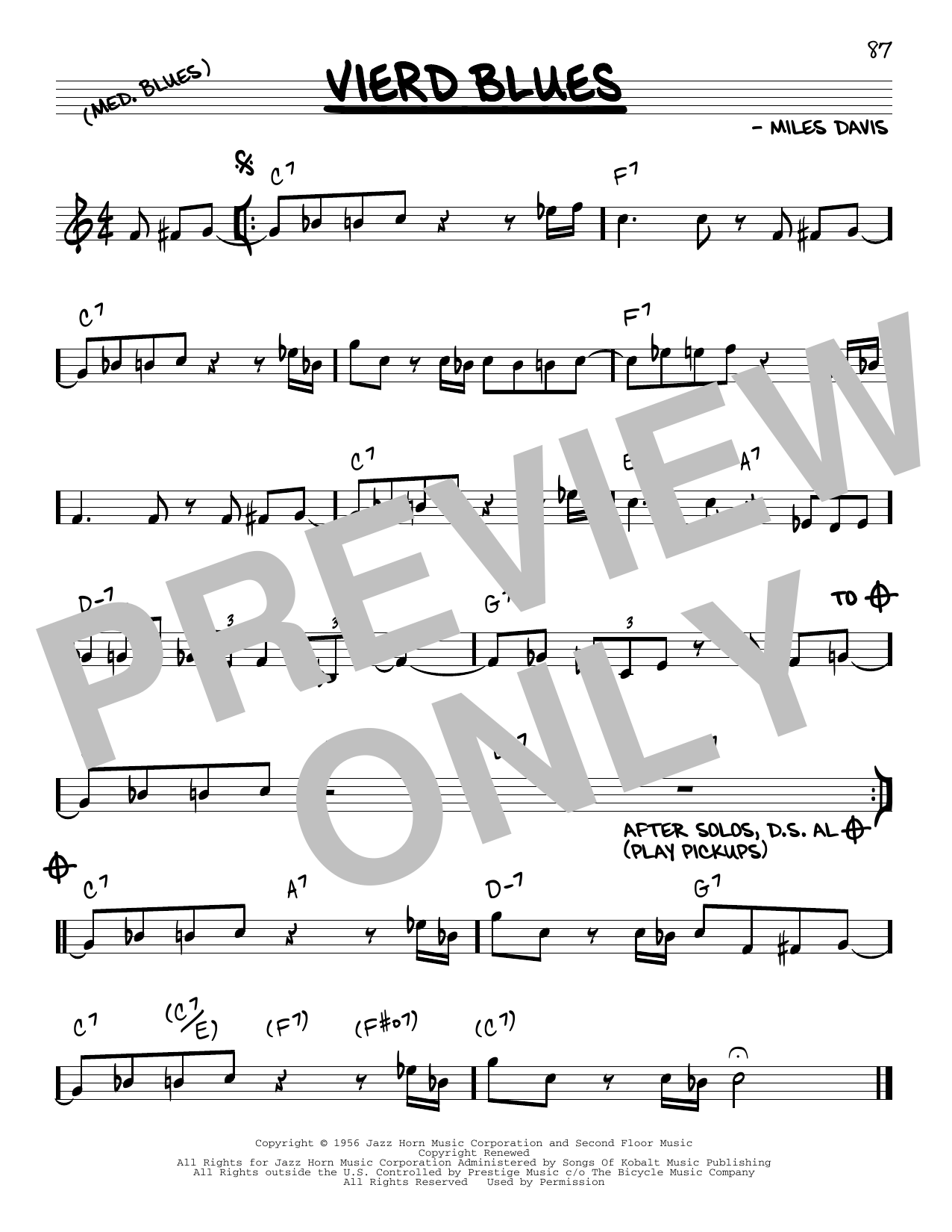 Miles Davis Vierd Blues sheet music notes and chords arranged for Real Book – Melody & Chords